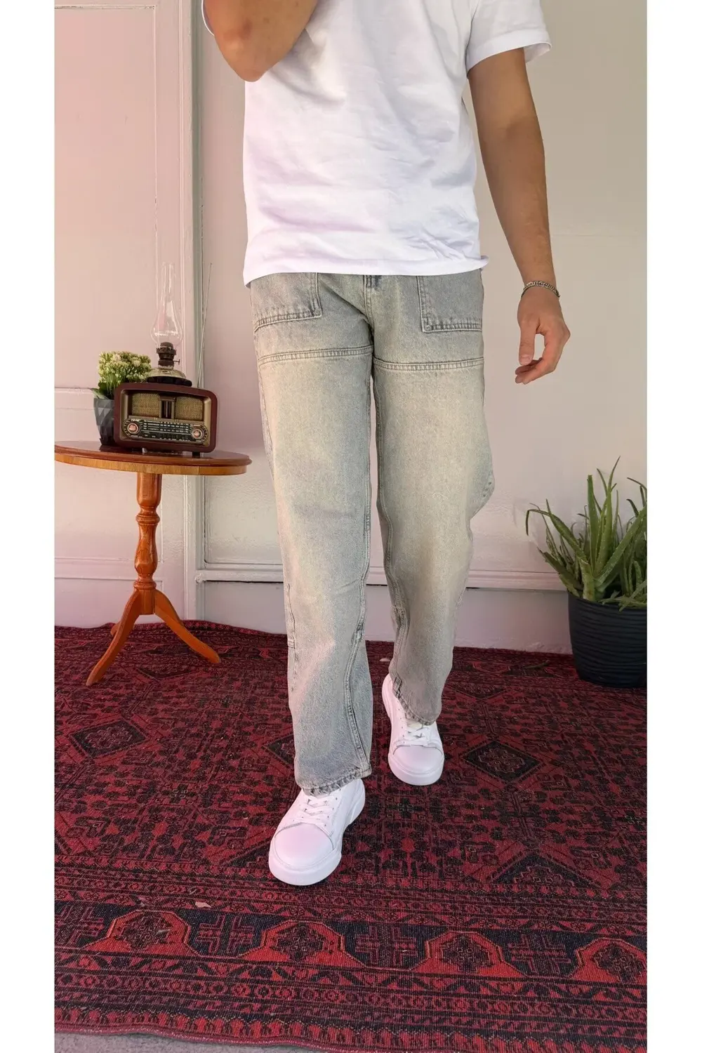 Cep Dikiş Detay Yeşil Yıkamalı Baggy Jean