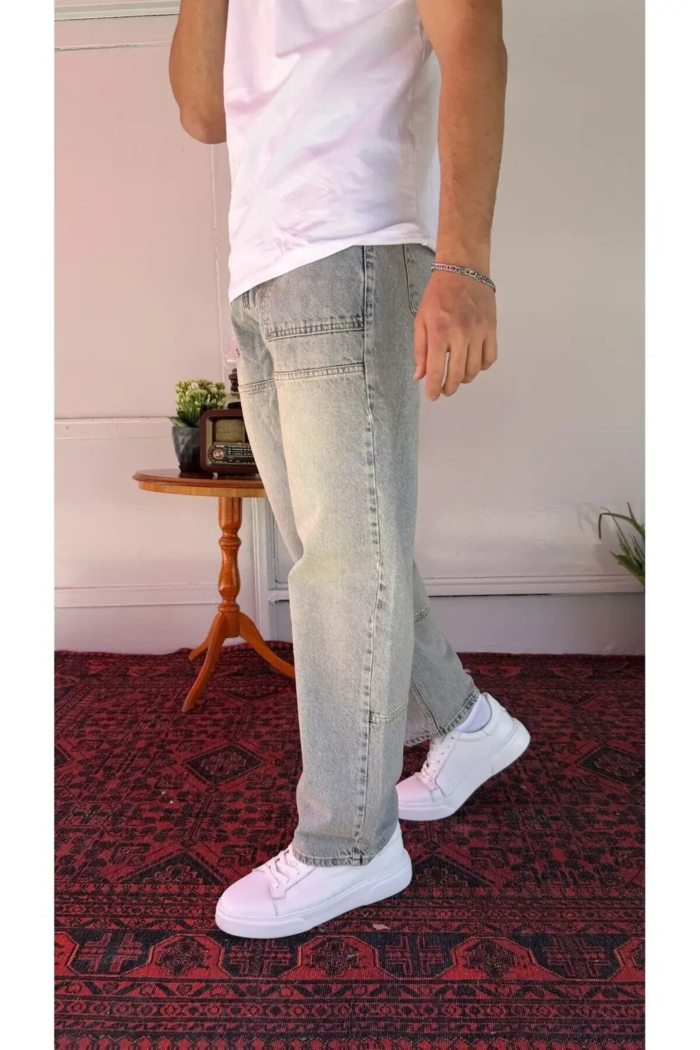 Cep Dikiş Detay Yeşil Yıkamalı Baggy Jean