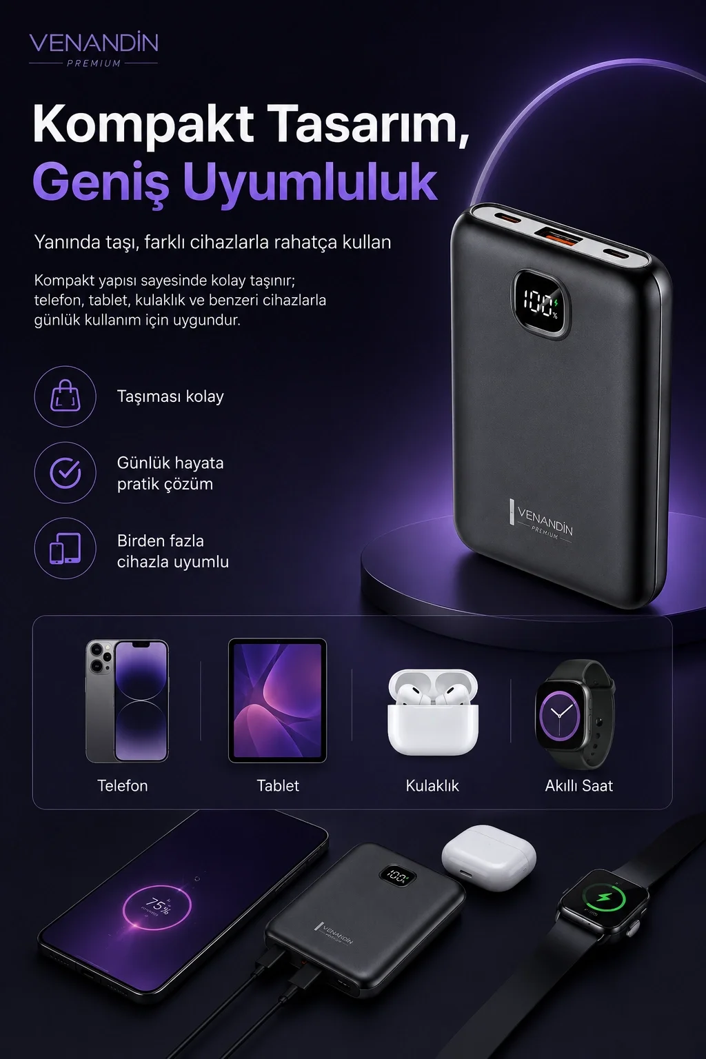Cep Telefonu Uyumlu 10000 mAh Dijital Göstergeli Hızlı Şarj Powerbank