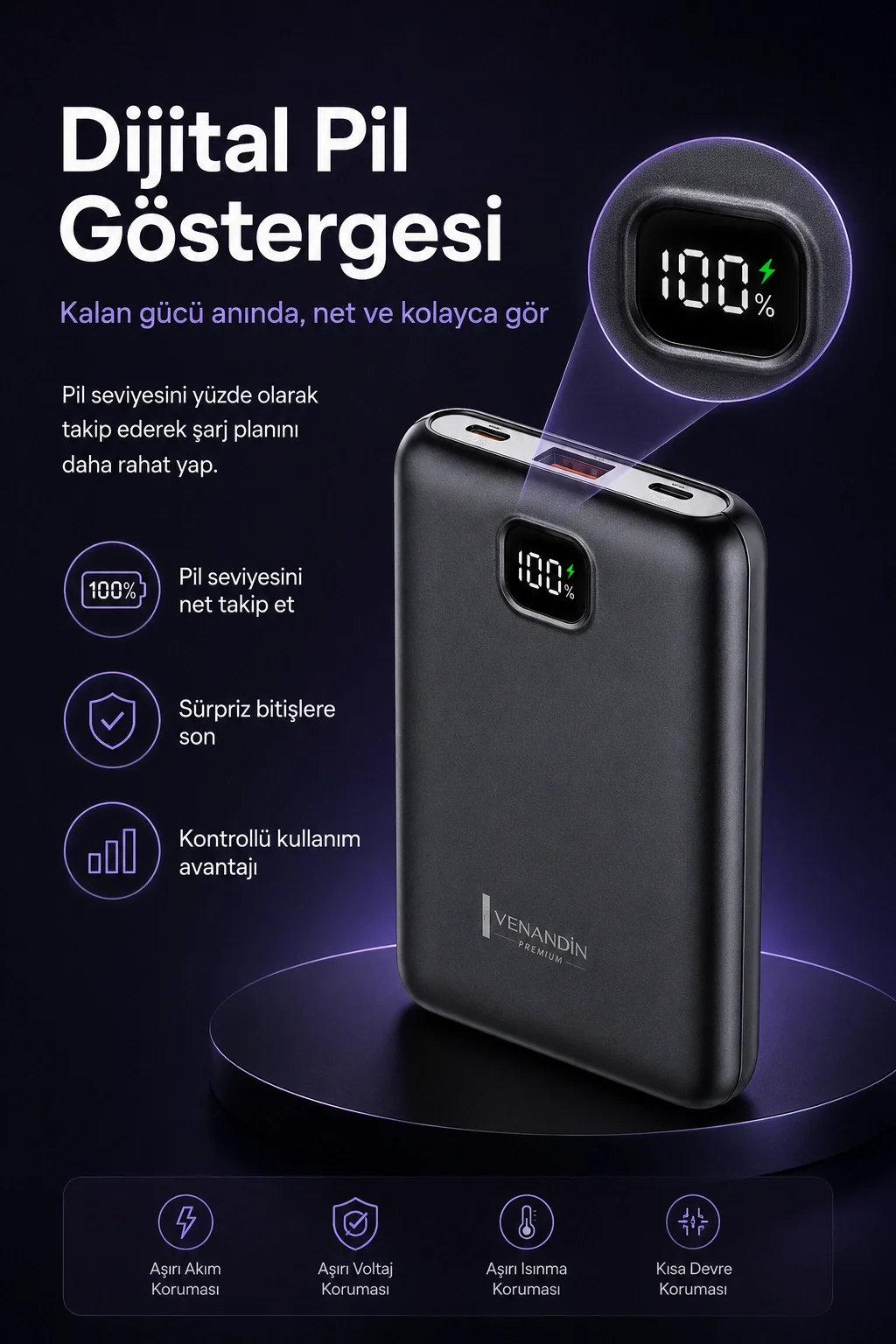 Cep Telefonu Uyumlu 10000 mAh Dijital Göstergeli Hızlı Şarj Powerbank