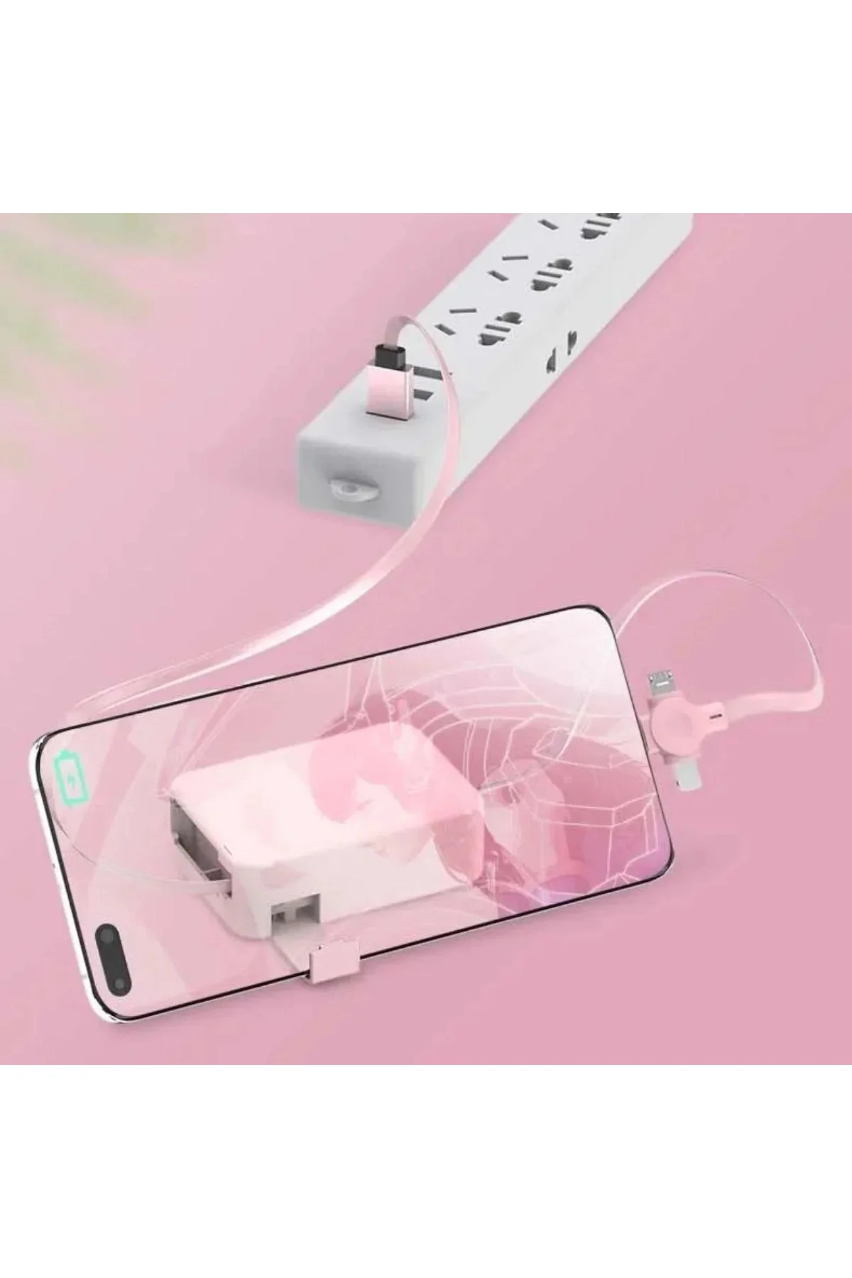 Cep Tipi Telefon Tutuculu Makaralı Uzayıp Kısalabilen 3'ü 1 Arada USB Şarj Kablosu
