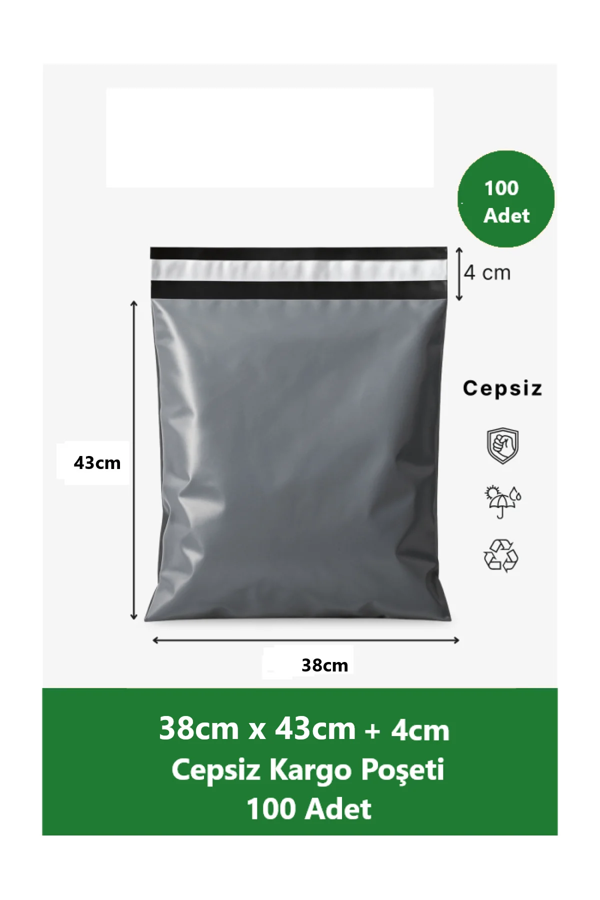 Cepsiz Kargo Poşeti | 38 x 48 +4 cm | 100 Adet | Siyah