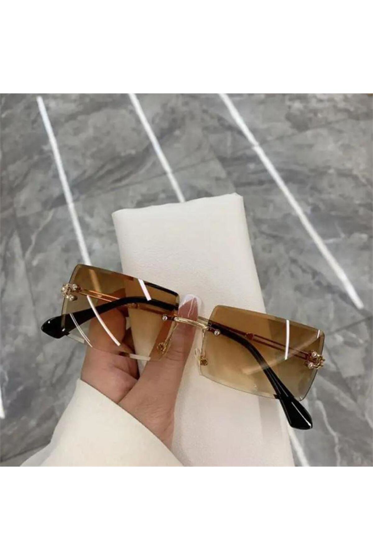 Çerçevesiz Fashion Style Kahverengi Degrade Camlı Güneş Gözlüğü