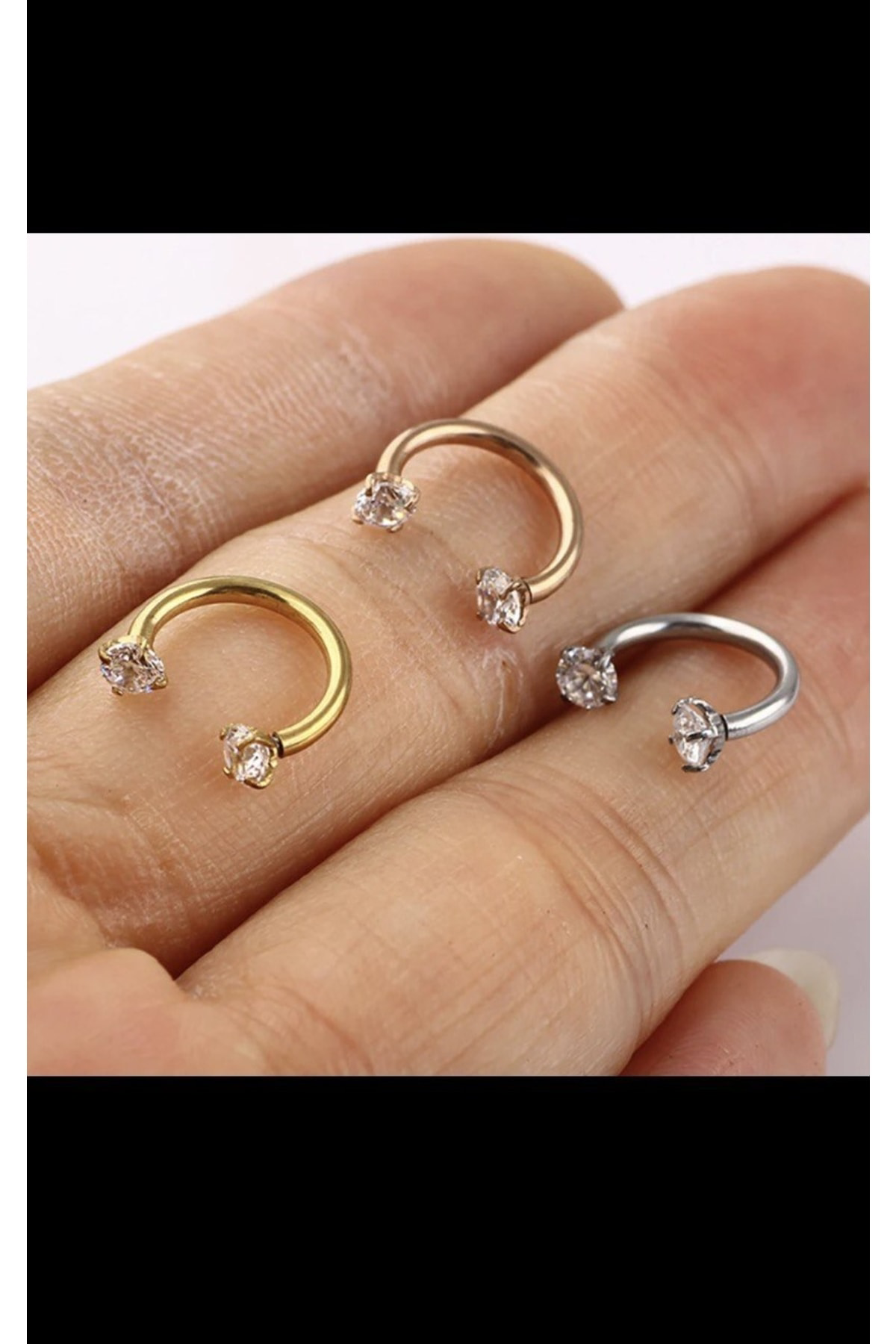 Cerrahi Çelik 3 Adet Iki Ucu Taşlı Tragus Rook Conch Burun Lobe Uyumlu Yarım Halka Piercing