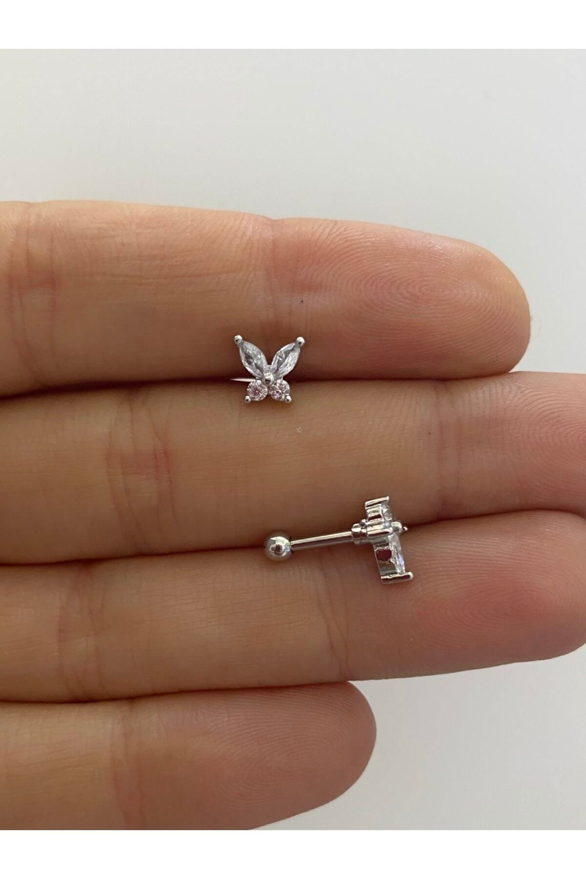 Cerrahi Çelik Arkası Düz Tragus Helix Lobe Uyumlu Kelebek Model P
