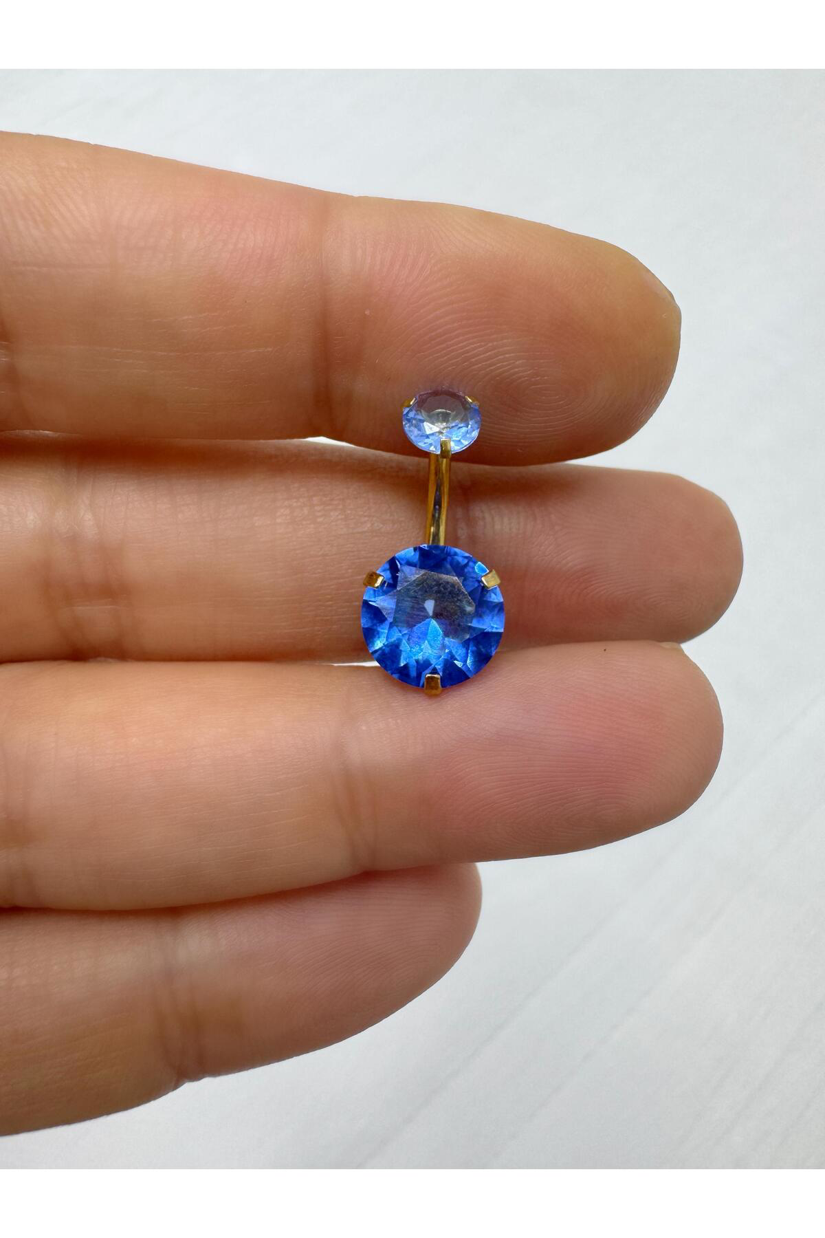 cerrahi çelik büyük (10 mm ) mavi zirkon taşlı göbek piercingi