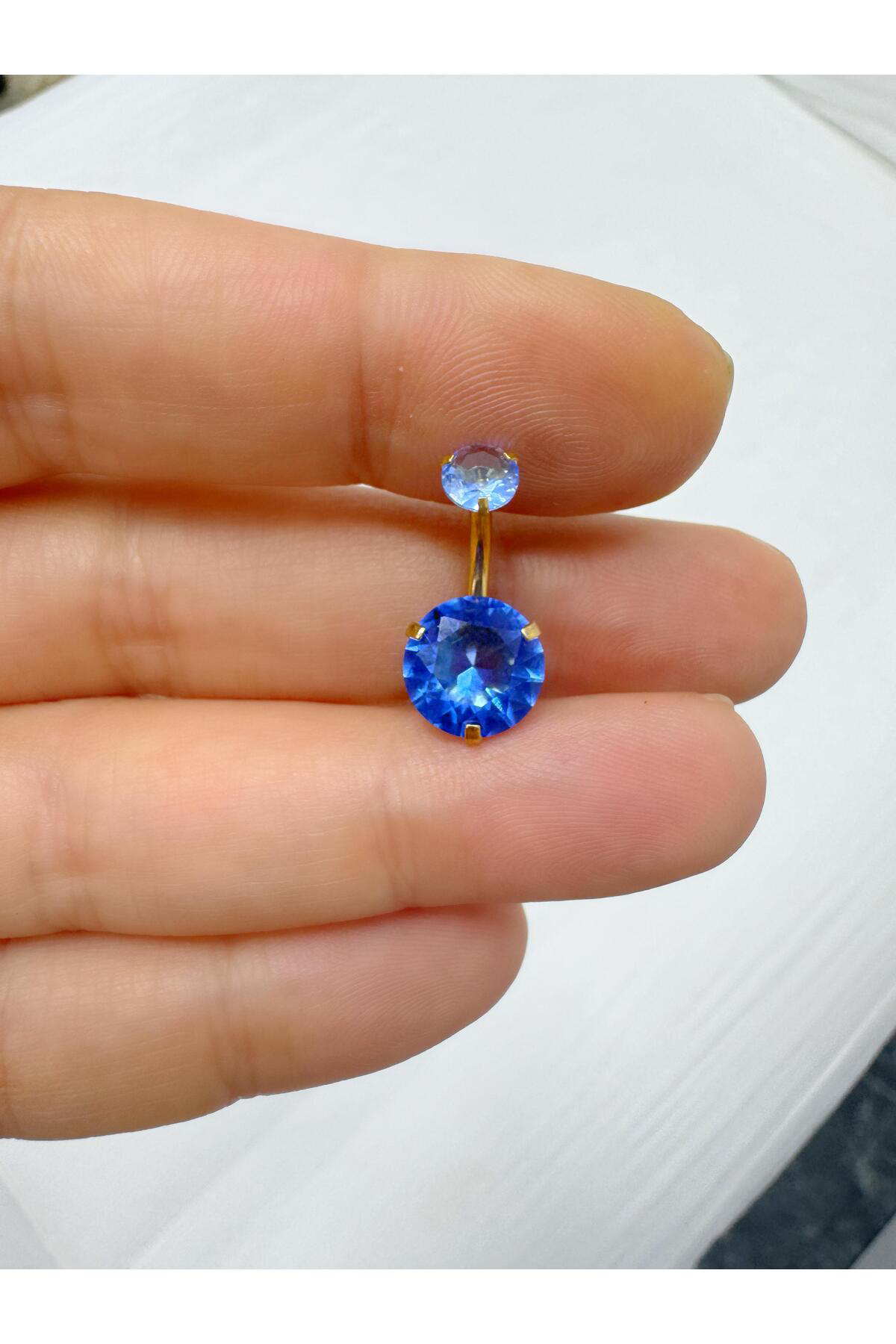 cerrahi çelik büyük (10 mm ) mavi zirkon taşlı göbek piercingi
