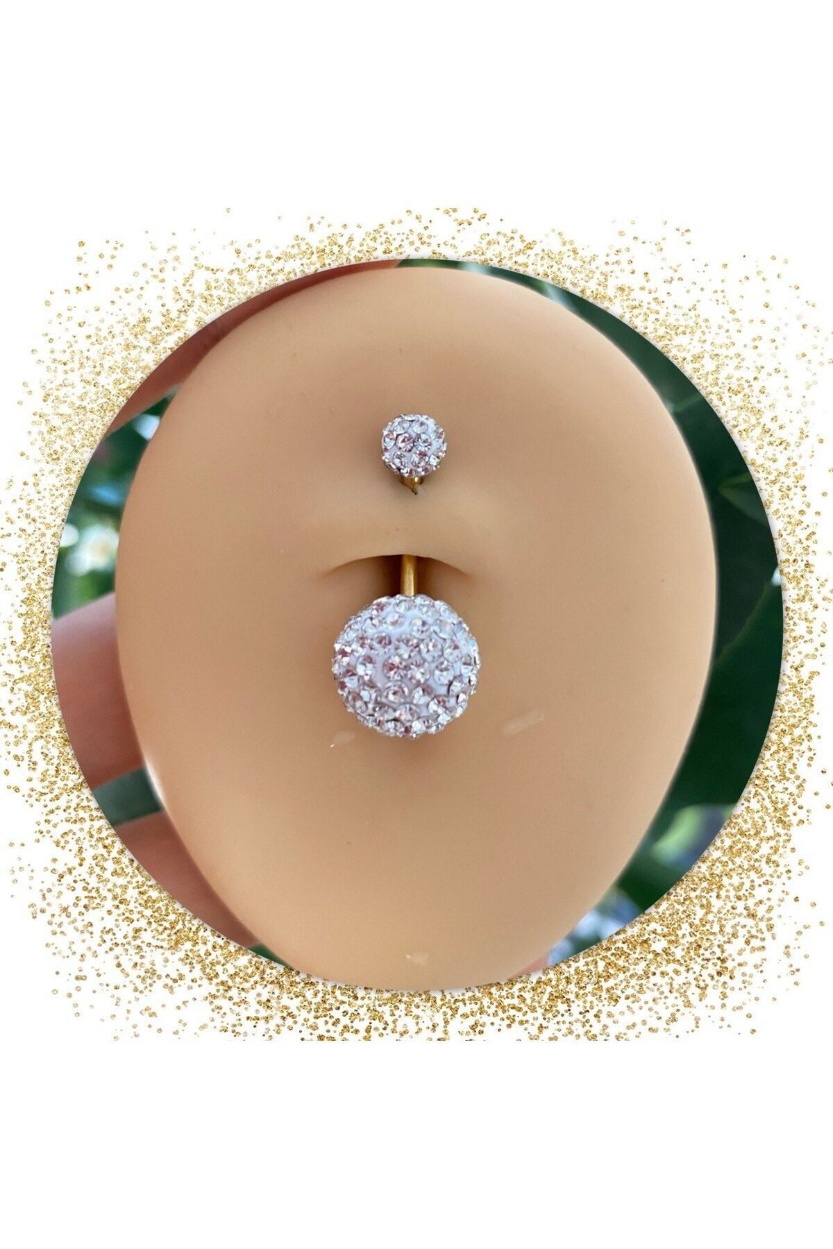 Arescollection Cerrahi Çelik Gold Barlı Şambala Zirkon Taşlı Göbek Piercingi