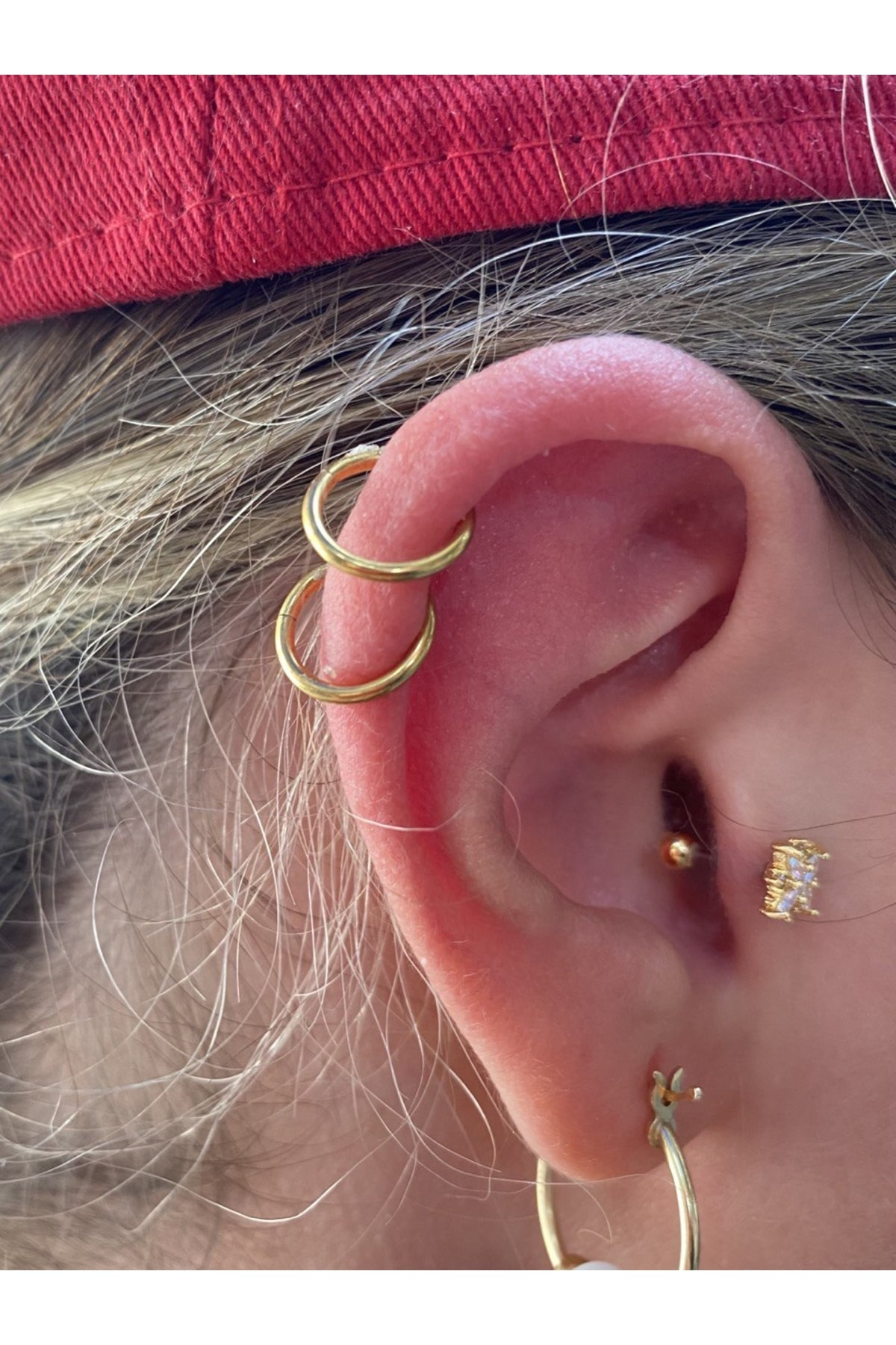Cerrahi Çelik Gold Renk 2 Adet Menteşeli Tam Halka Tragus Helix K