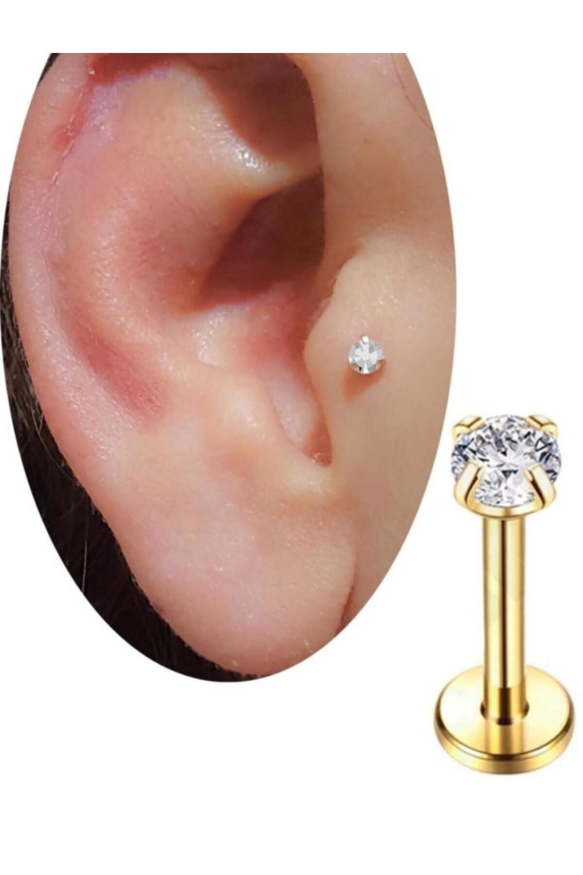 Cerrahi Çelik Gold Renk Tek Taş Tragus Helix Kıkırdak Piercingi