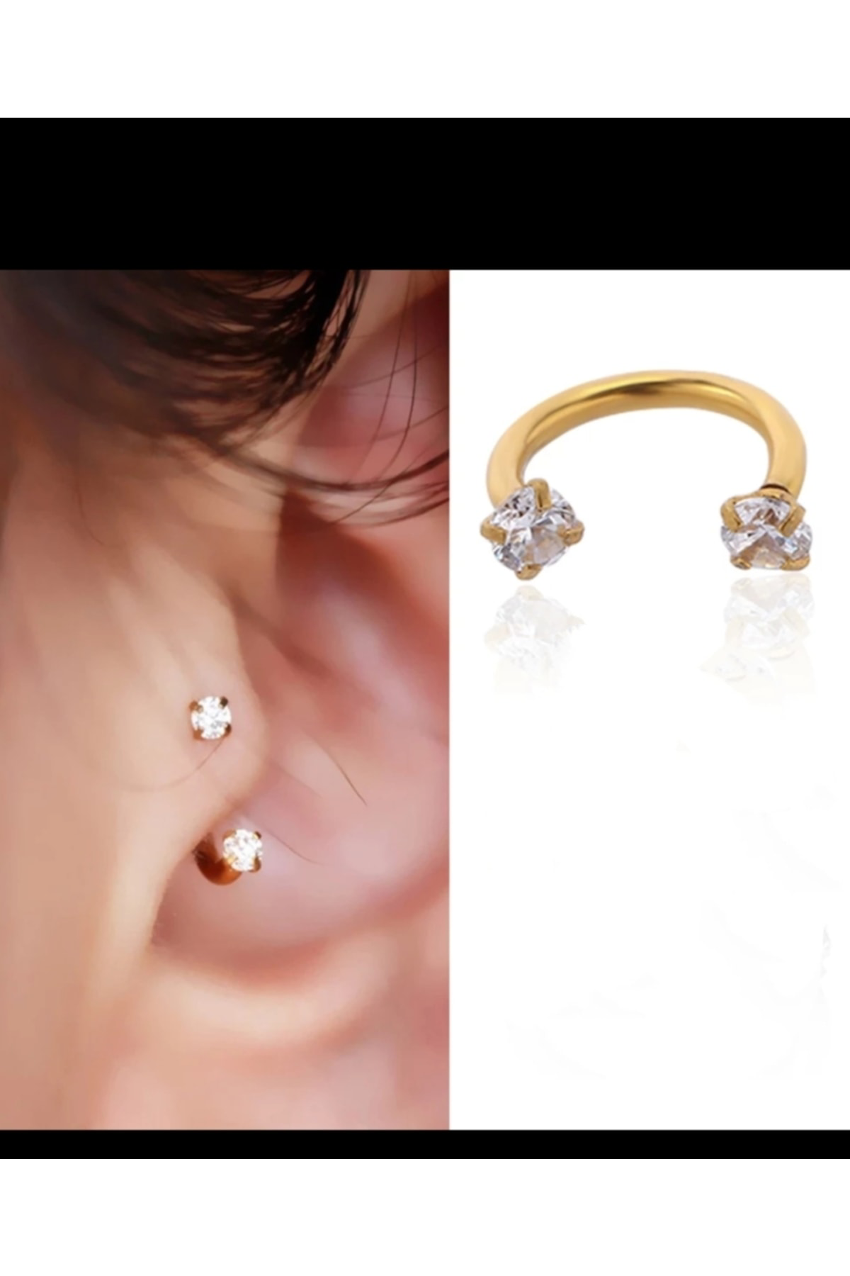 Cerrahi Çelik Gold Renk Zirkon Taşlı Tragus Helix Rook Piercing