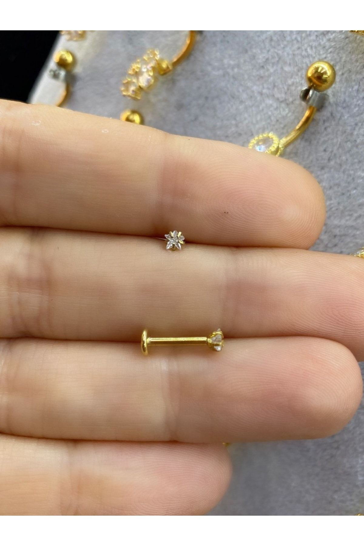 Cerrahi Çelik Gold Renk Tek Taş Yıldız Tragus Piercing