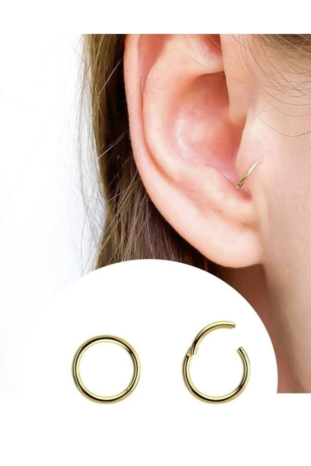 Cerrahi Çelik Gold Renk 2 Adet Menteşeli Tam Halka Tragus Helix K
