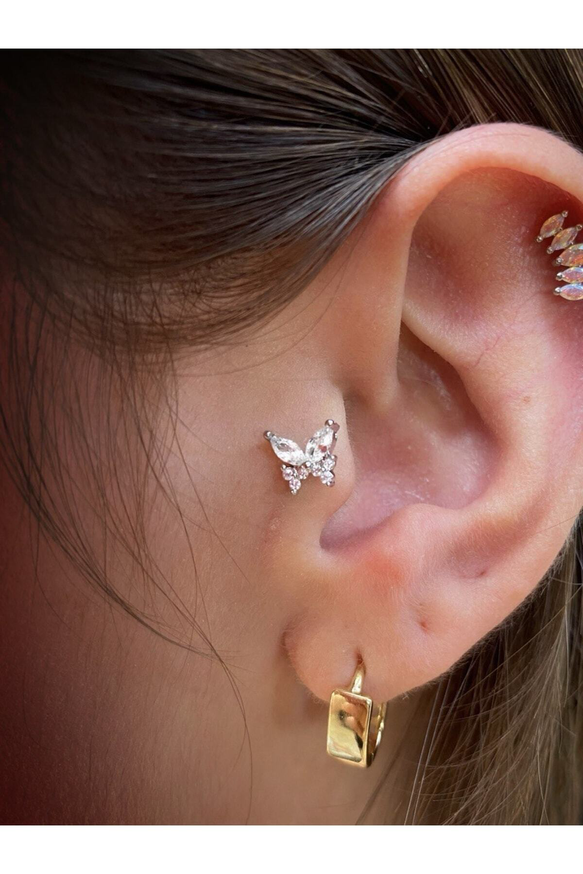 Cerrahi Çelik Gümüş Renk Kelebek Tragus,kıkırdak ( Helix) Piercingi