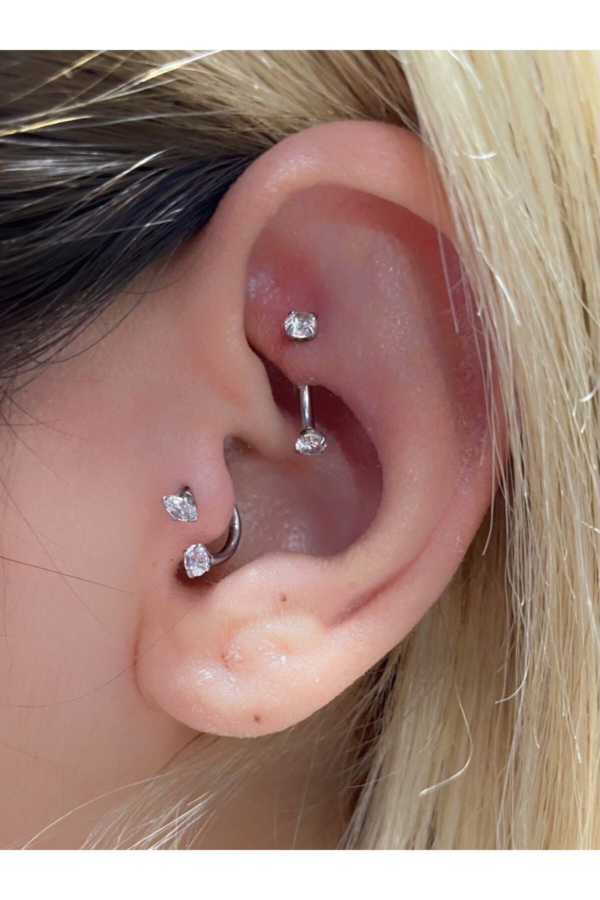 Cerrahi Çelik Iki Ucu Taşlı Tragus Rook Piercing Seti