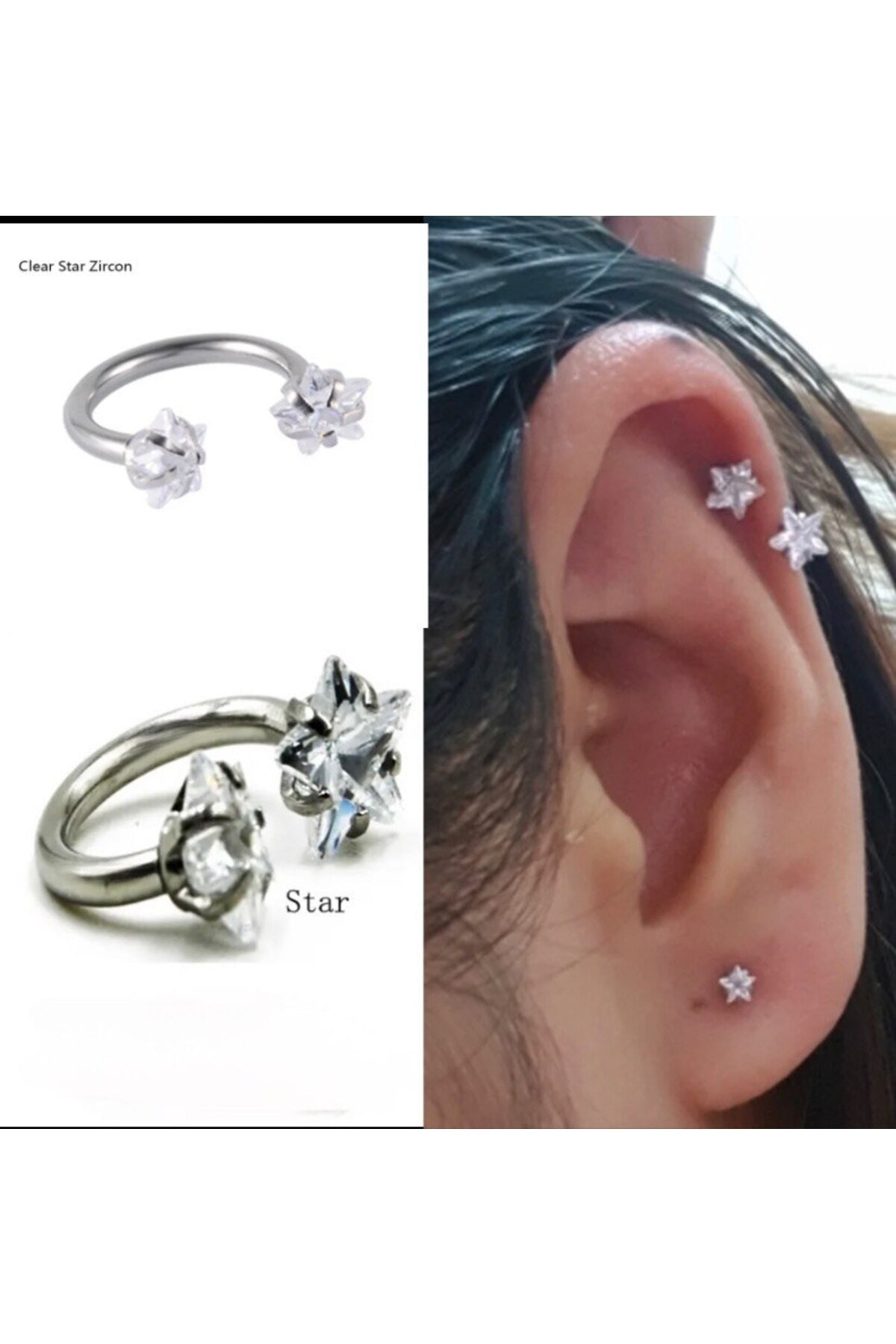cerrahi çelik iki ucu taşlı helix kıkırdak tragus rook lobe uyumlu yarım halka piercing