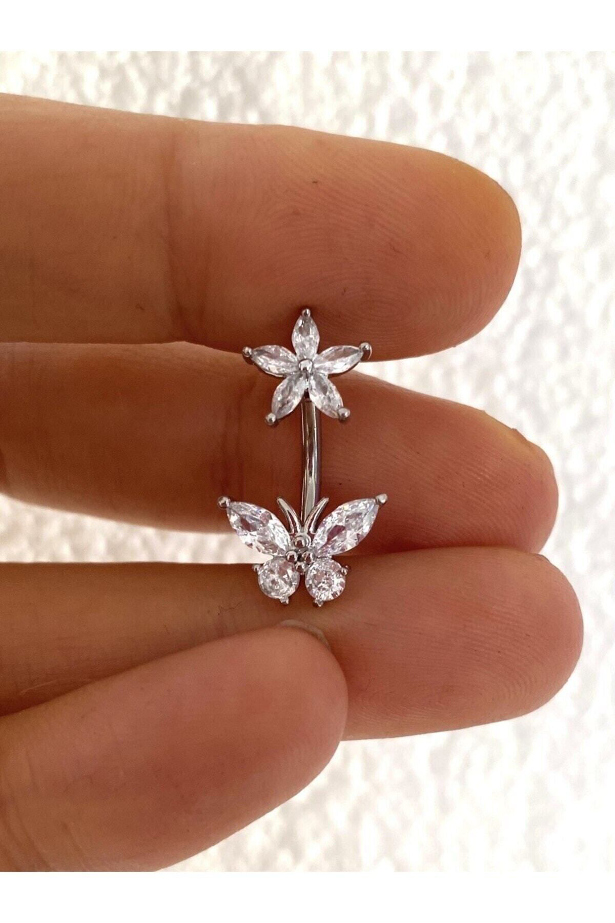 Cerrahi Çelik Kelebek Model Zirkon Taşlı Göbek Piercingi