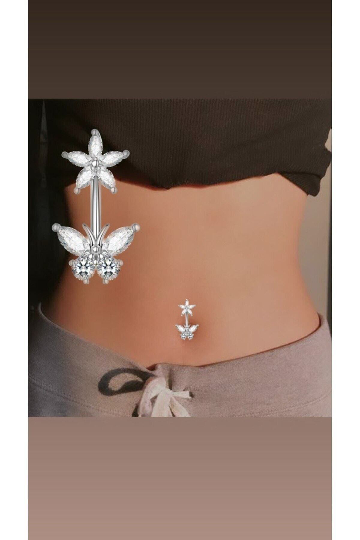 Cerrahi Çelik Kelebek Model Zirkon Taşlı Göbek Piercingi
