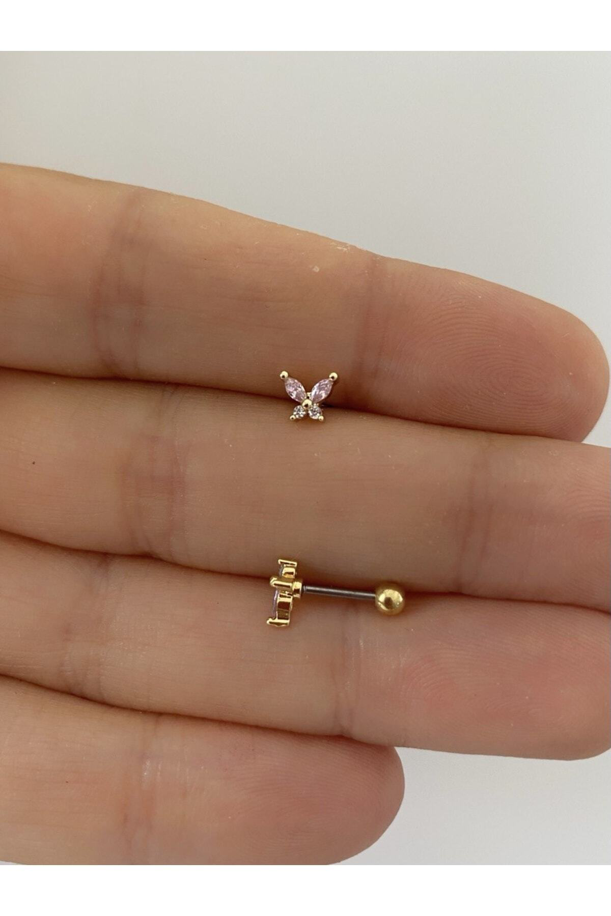 Cerrahi Çelik Mini Kelebek Tragus Helix Conch Lobe Uyumlu Piercing Küpe