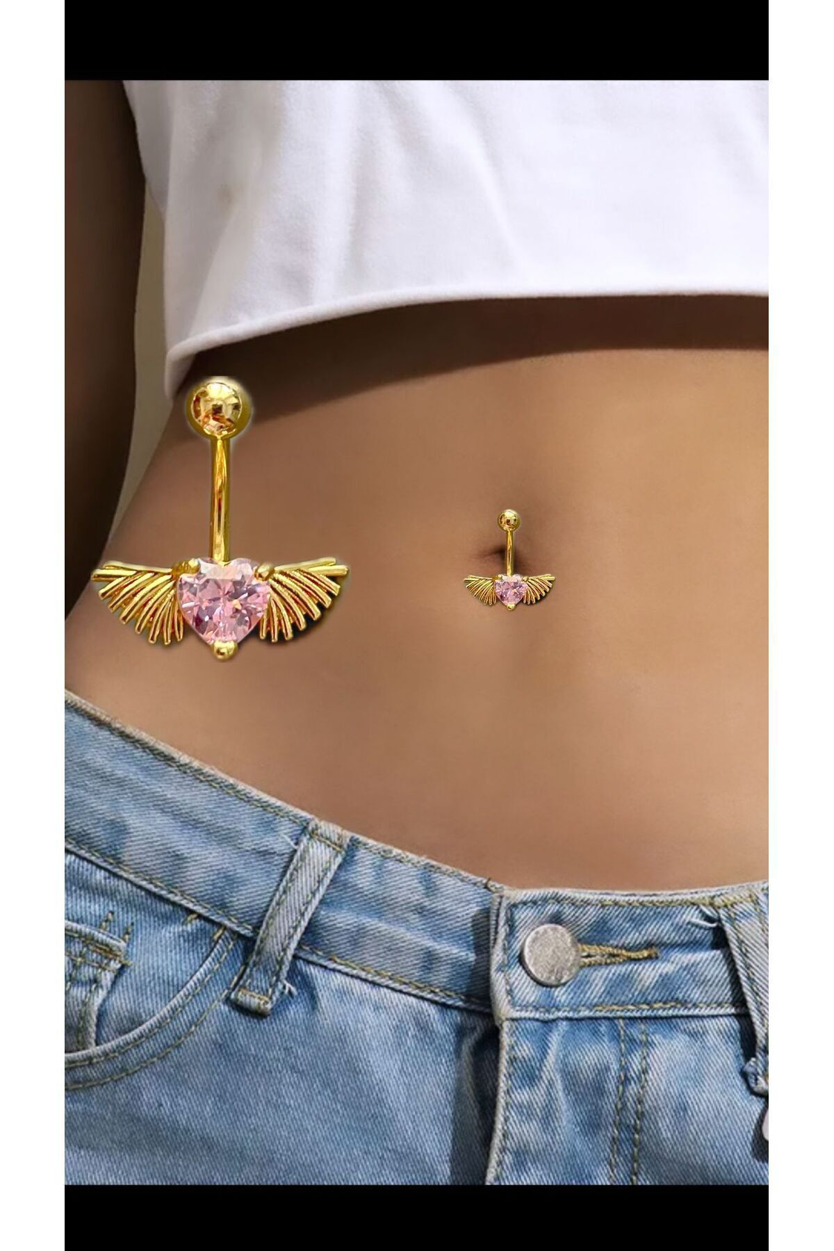 CERRAHİ ÇELİK PEMBE TAŞLI KALPLİ KANATLI GOLD RENK GÖBEK PİERCİNGİ Fiyatı, Yorumları ve Özellikleri