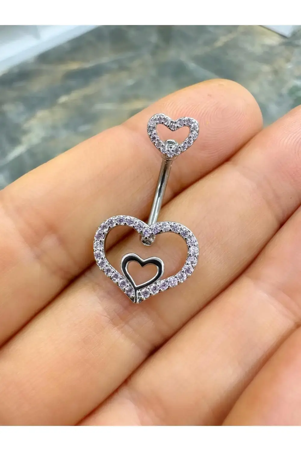 Cerrahi çelik pembe zirkon taşlı kalpli göbek piercingi