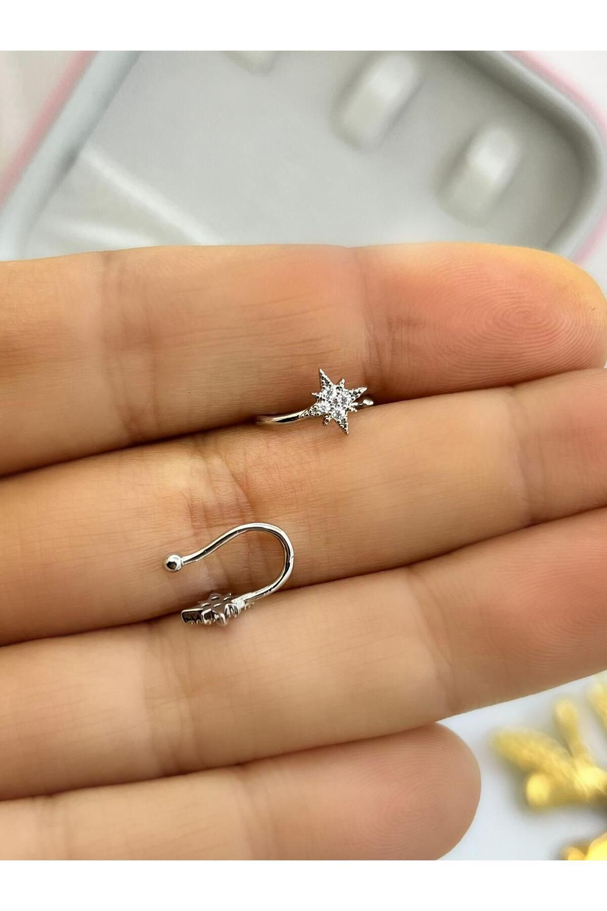 Arescollection Cerrahi Çelik Sıkıştırma Fake Delik Gerektirmeyen Zirkon Taşlı Ha