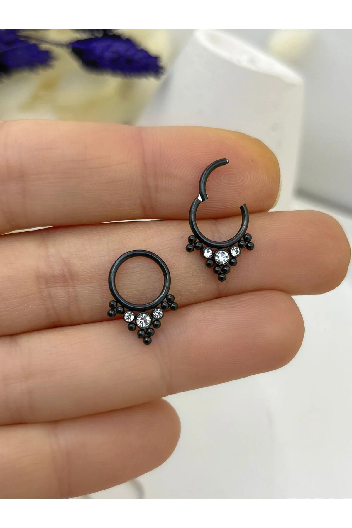 CERRAHİ ÇELİK SEPTUM DAİTH LOBE UYUMLU ZİRKON TAŞLI HALKA PİERCİNG