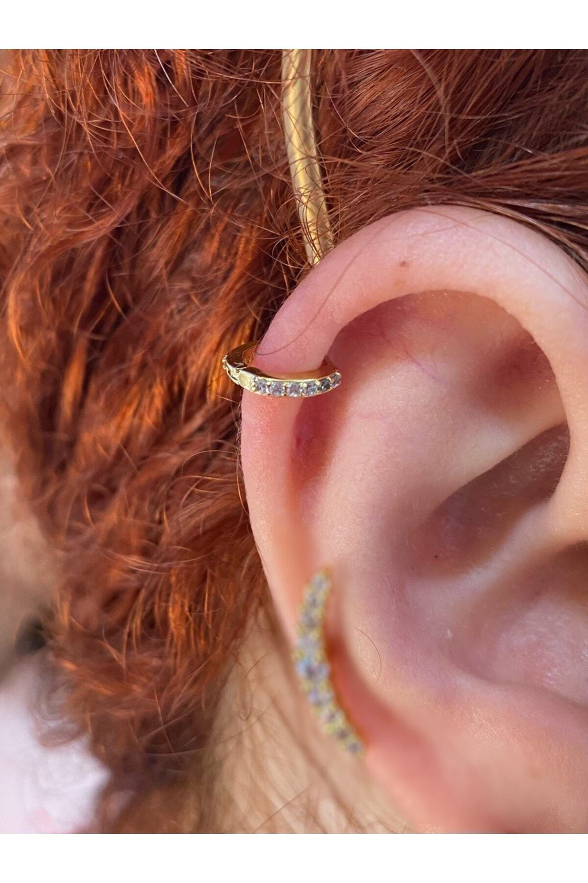 Cerrahi Çelik Tam Tur Taşlı Halka Tragus Kıkırdak Piercingi