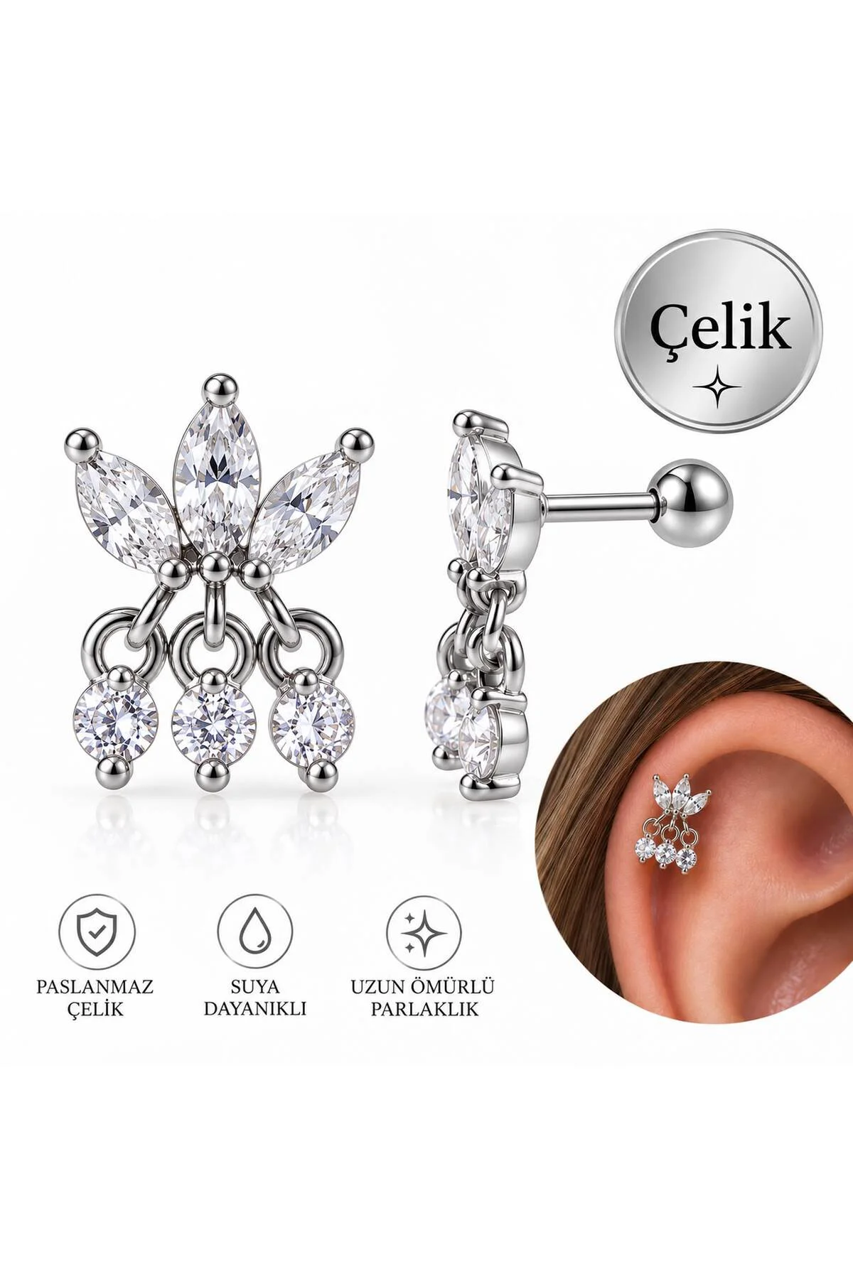 CERRAHİ ÇELİK TRAGUS HELİX CONCH LOBE FLAT UYUMLU PİERCİNG