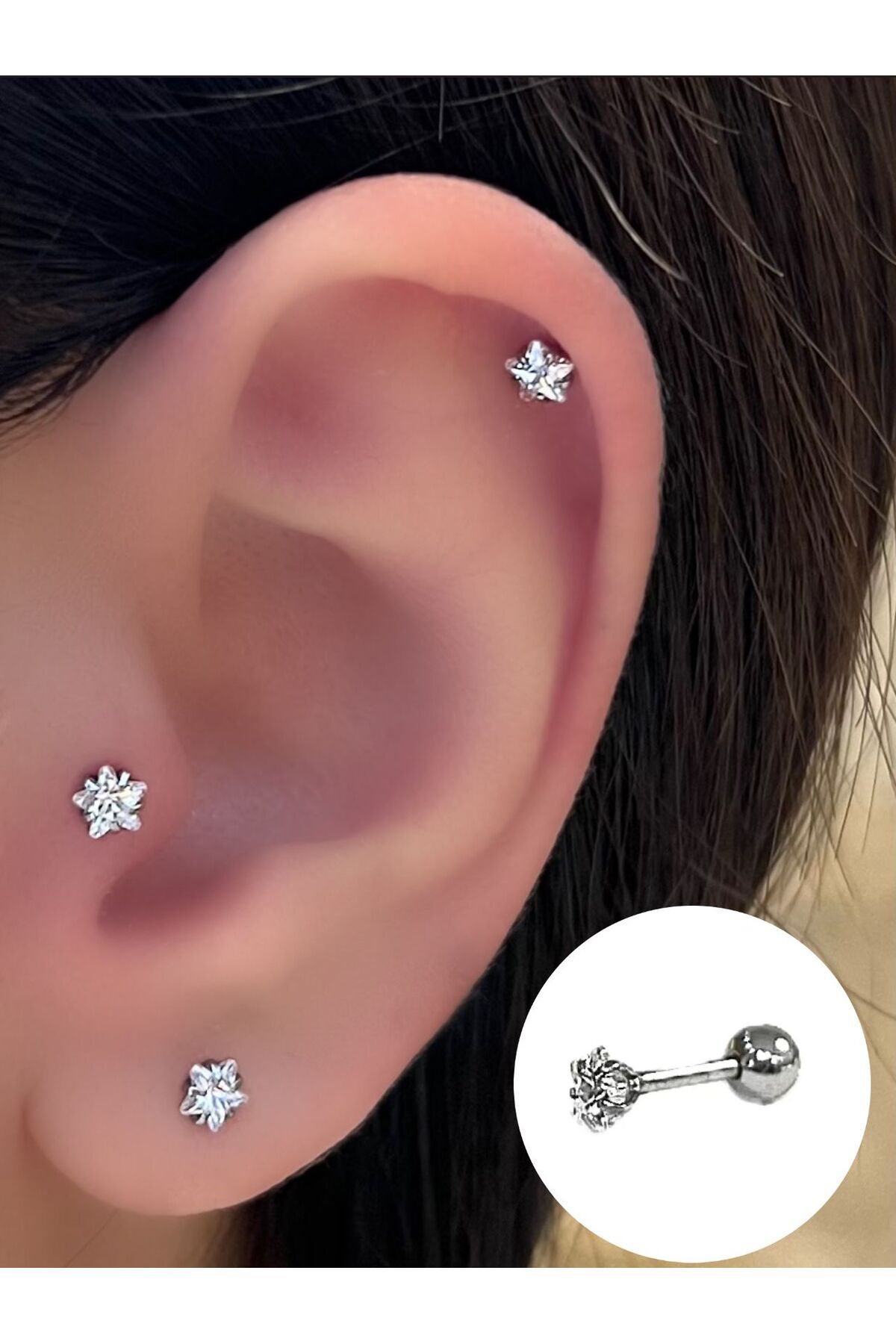 Cerrahi Çelik Yıldız Tek Taş Tragus Helix Kıkırdak Piercing Küpe