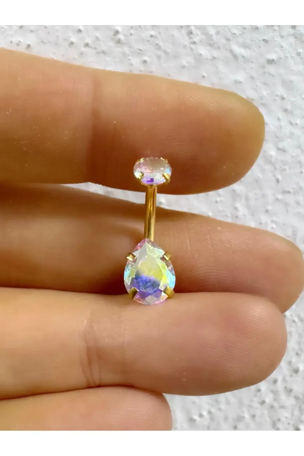 Cerrahi çelik zirkon taşlı damla model göbek piercingi
