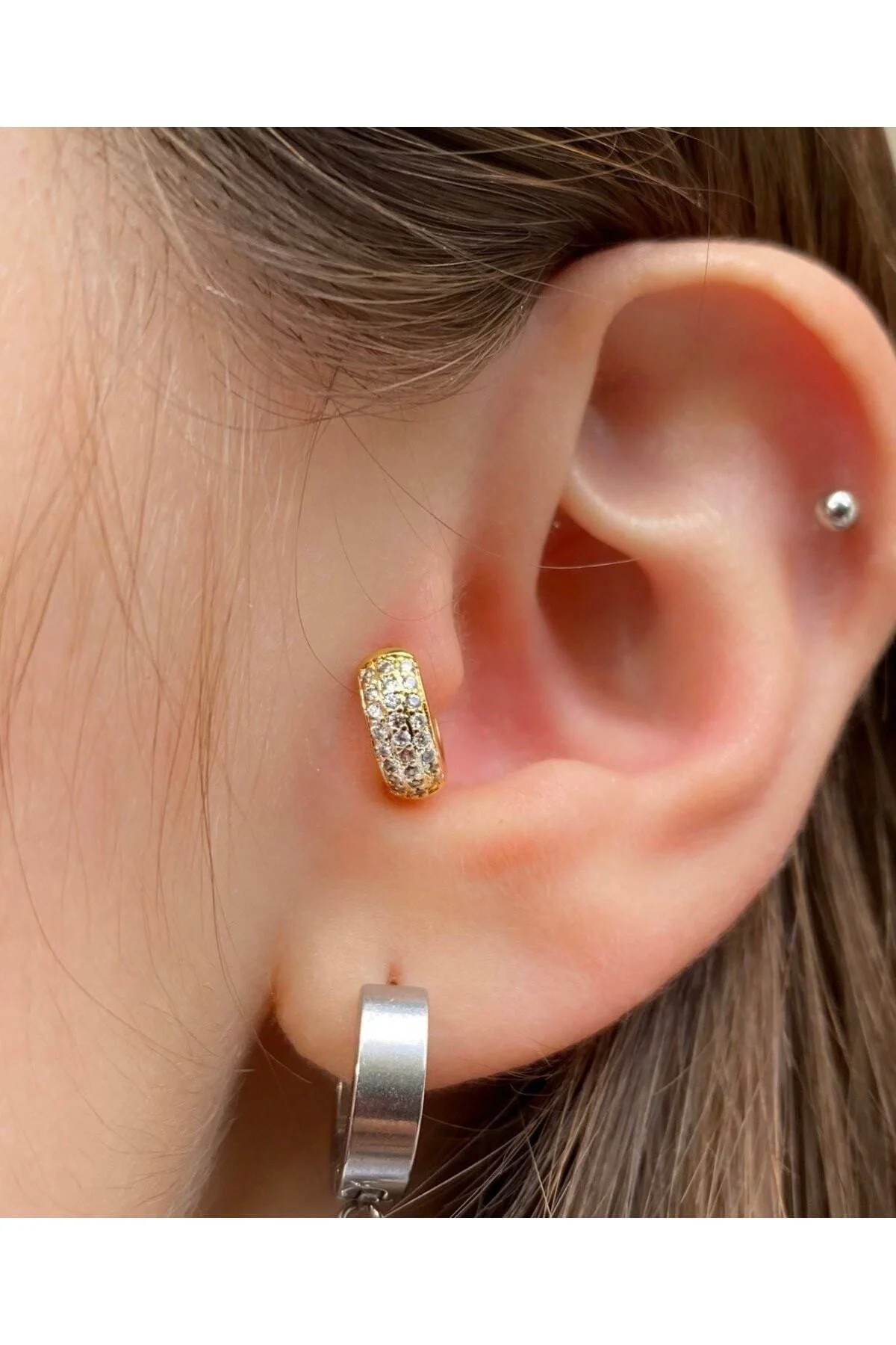 Cerrahi Çelik Zirkon Taşlı Tragus Kıkırdak Helix Lobe Uyumlu Tombul Kalın Halka Piercing Küpe