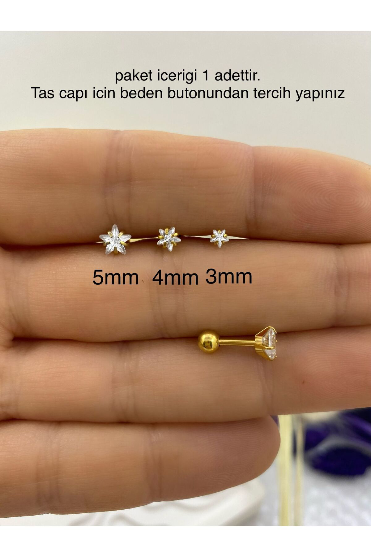 CERRAHİ ÇELİK KARARMAZ 1 ADET YILDIZ TRAGUS HELİX LOBE UYUMLU PİERCİNG KÜPE