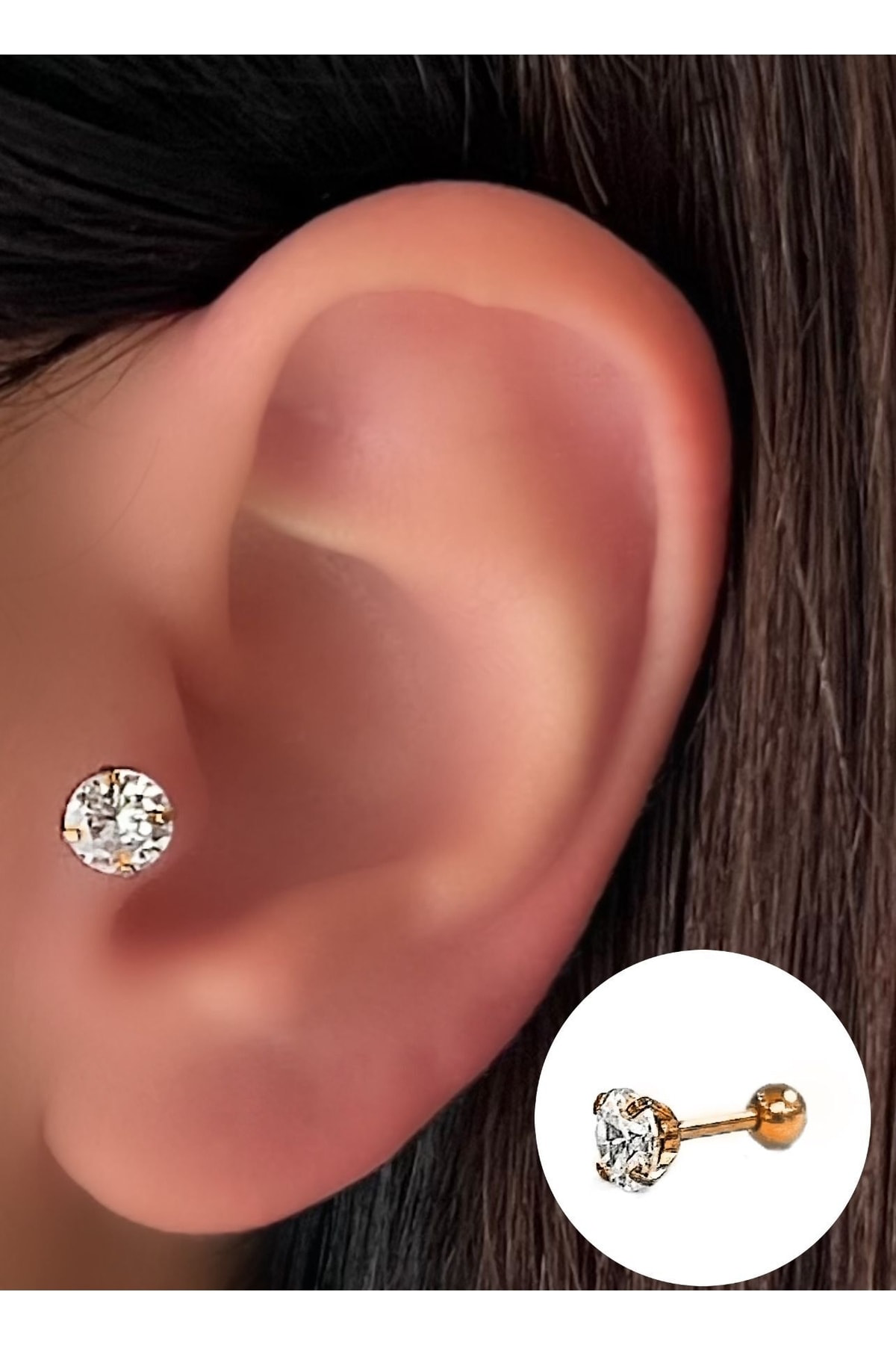 Cerrahi Çelik Zirkon Taşlı Tragus Helix Kıkırdak Piercing Küpe