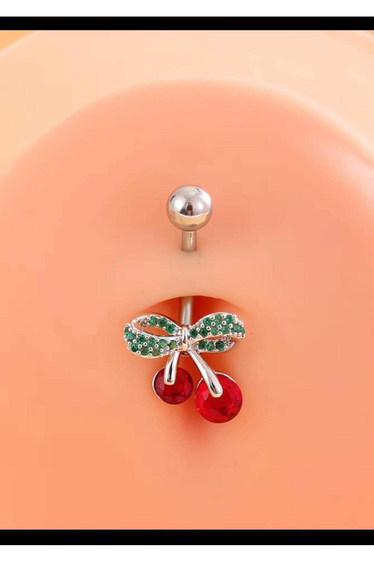 CERRAHİ ÇELİK ZİRKON TAŞLI  KİRAZ MODEL GÜMÜŞ RENK GÖBEK PİERCİNG
