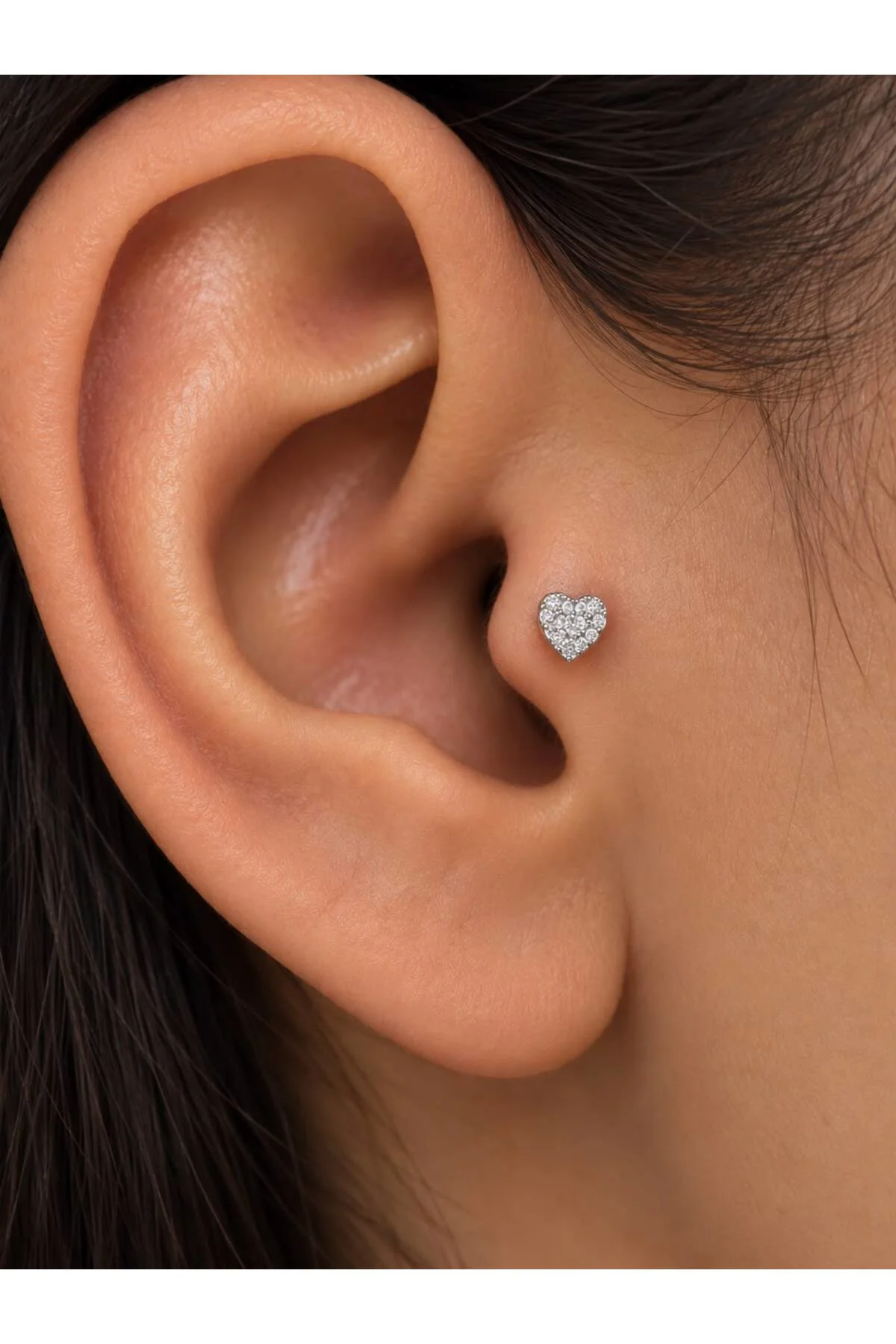 Cerrahi Çelik Zirkon Taşlı Kalp Tragus Kıkırdak Conch Forward Helix Lobe Uyumlu Piercing Küpe
