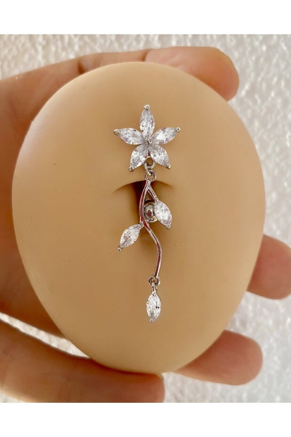 Arescollection Cerrahi Çelik Zirkon Taşlı Üstten Takmalı Ters Bar Sallantılı Göb