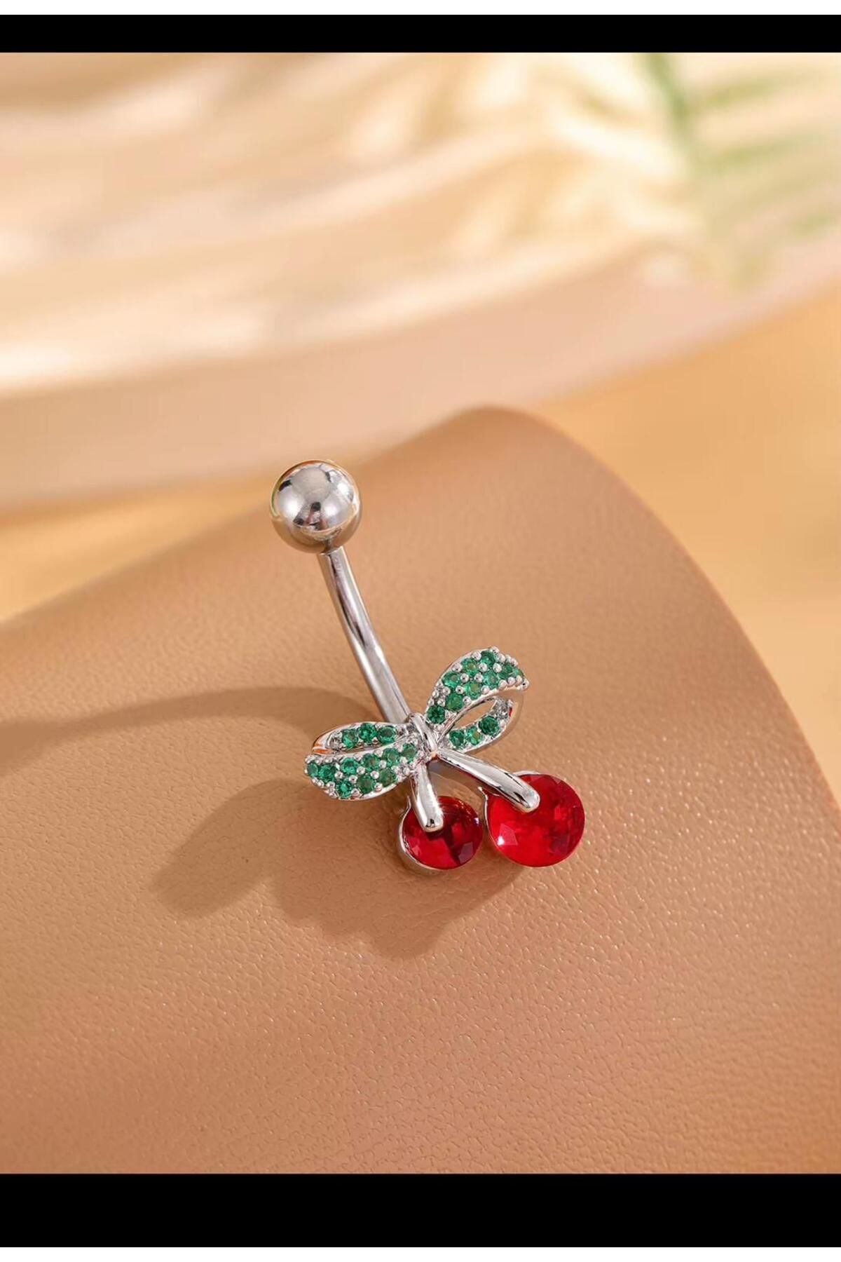 CERRAHİ ÇELİK ZİRKON TAŞLI  KİRAZ MODEL GÜMÜŞ RENK GÖBEK PİERCİNG