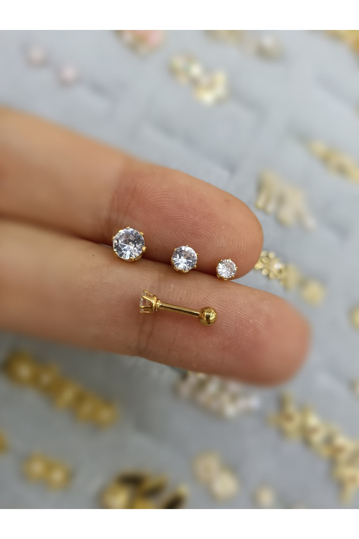 Cerrahi Çelik Zirkon Taşlı 3 Boy 3 Adet Kulak Piercingi