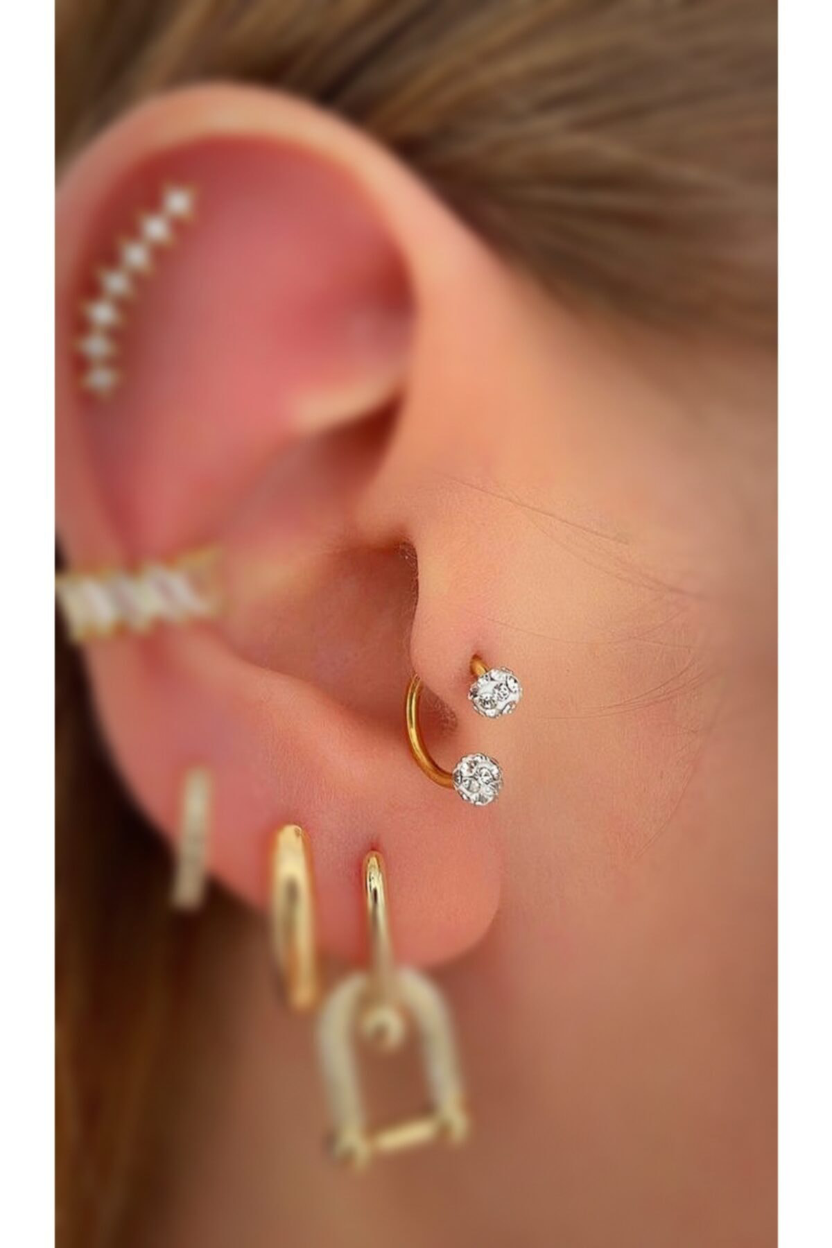 Cerrahi Çelik Zirkon Taşlı Gold Yarım Halka Piercing