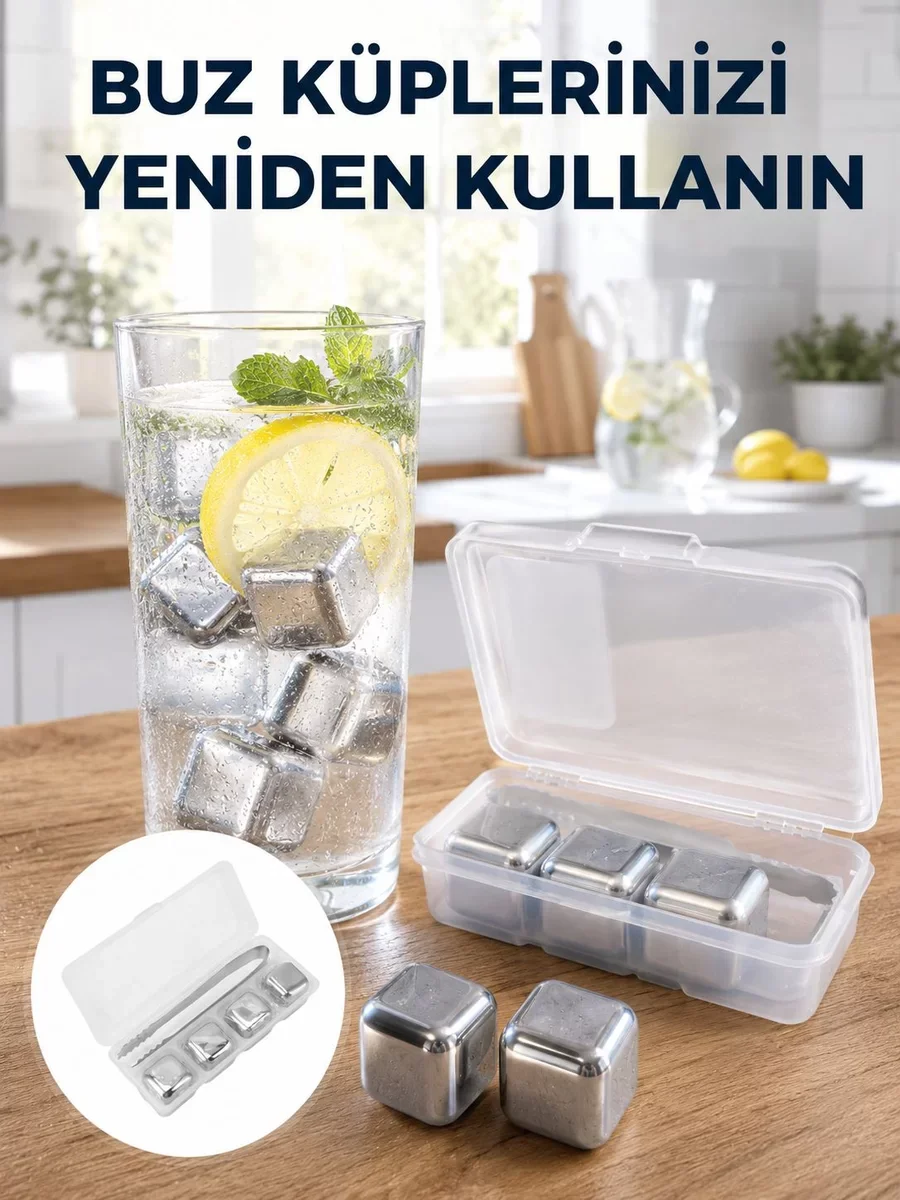 Çevre Dostu Metal Buz Küpü ve Klips Seti - 304 Paslanmaz Çelik, Hijyenik ve Sürdürülebilir