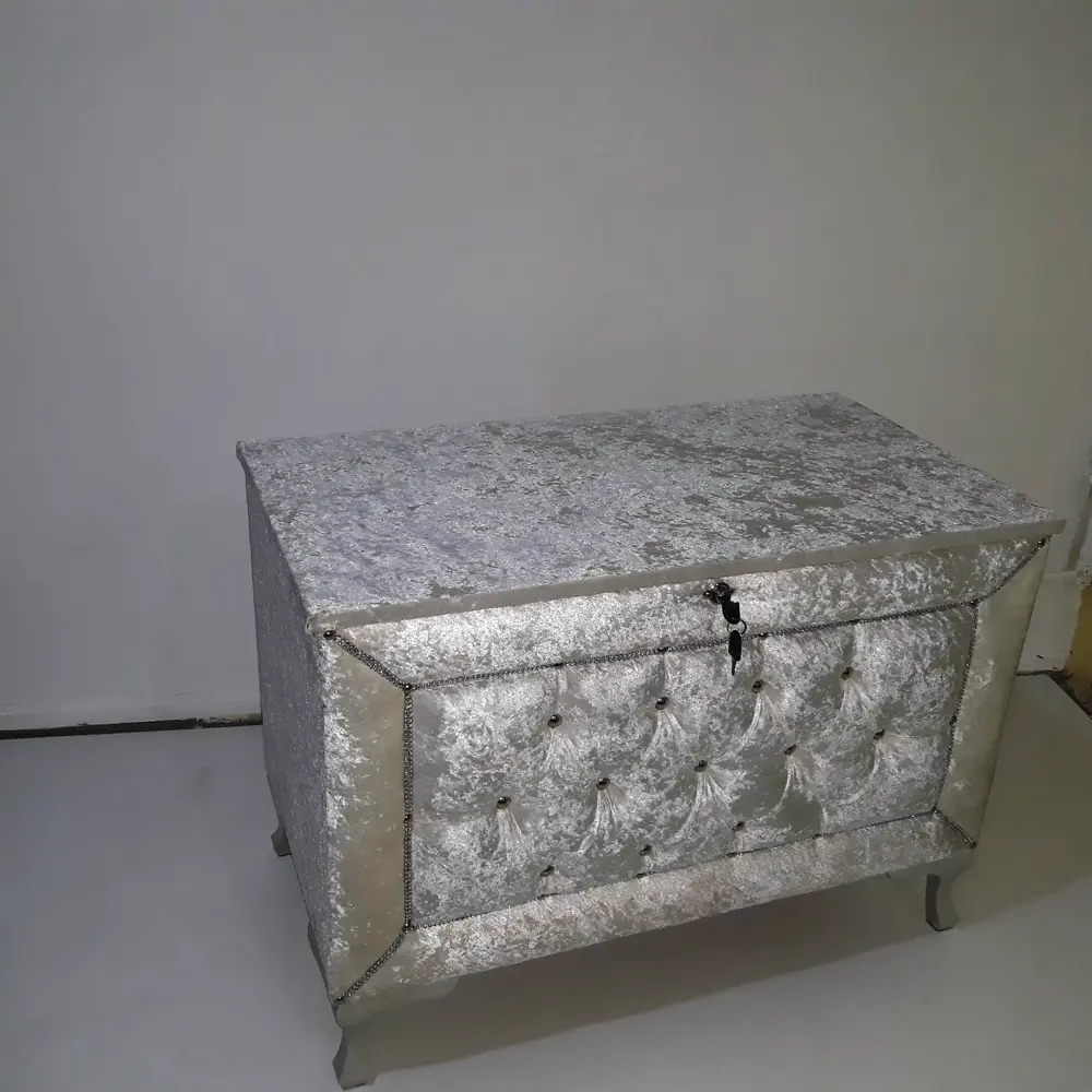 Çeyiz 12352 SANDIK Kapitone Büyük 3lü Model KREM Kadife Kumaş İçi