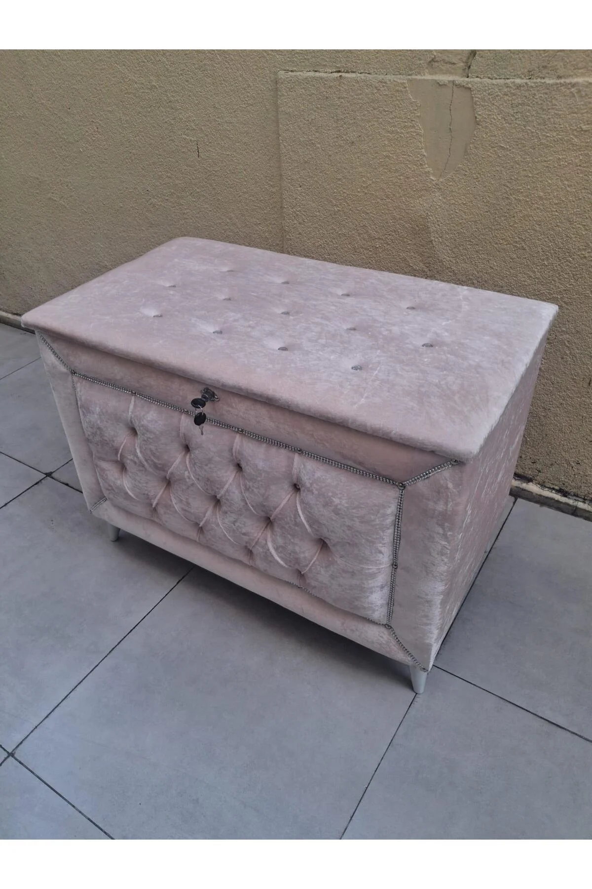 Çeyiz 12353 SANDIK Kapitone Büyük 3lü Model PEMBE Kadife Kumaş İçi tela El Yapım - Görsel 5