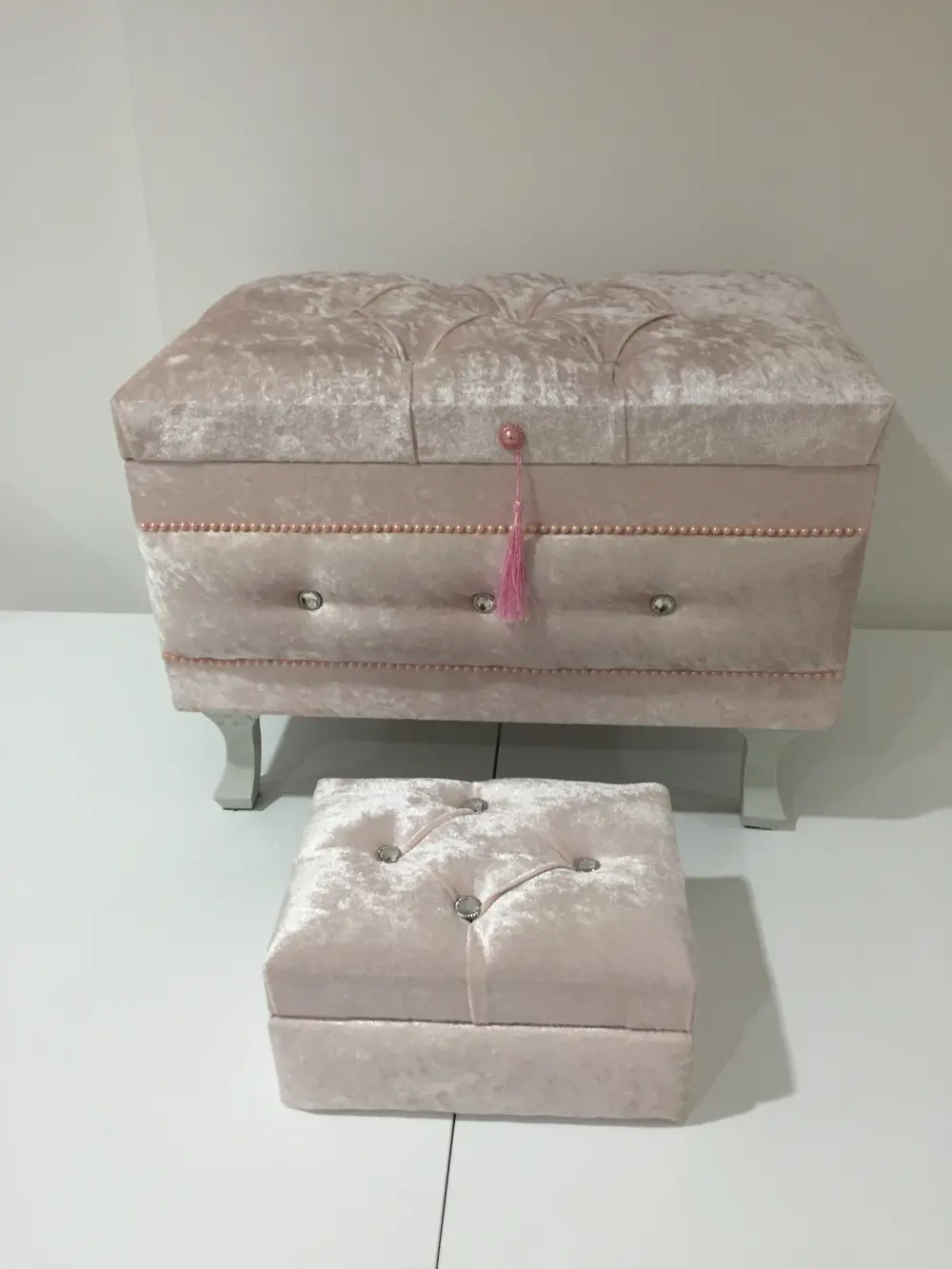 Çeyiz 13234 SANDIK Kapitone Küçük set Model PEMBE Kadife Kumaş İç