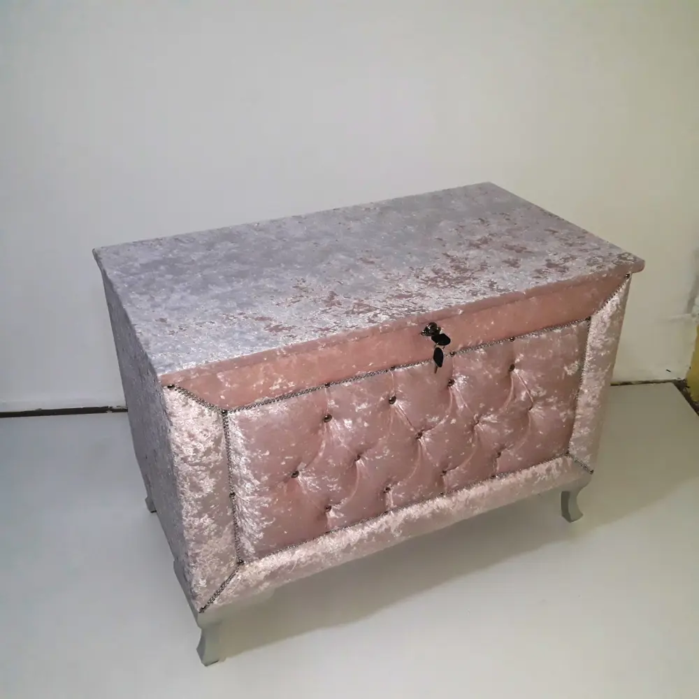 Çeyiz 13941 SANDIK Kapitone  Model 3lü Set PEMBE Kadife Kumaş İçi