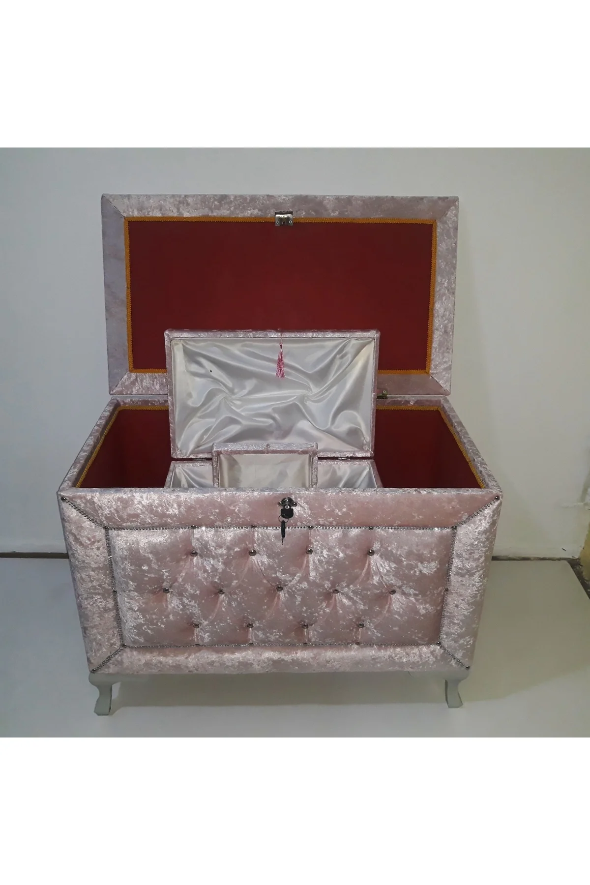 Çeyiz 18148 SANDIK Kapitone Model 3 lü PEMBE Kadifemsi Kumaş İçi Tela El Yapım - Görsel 2