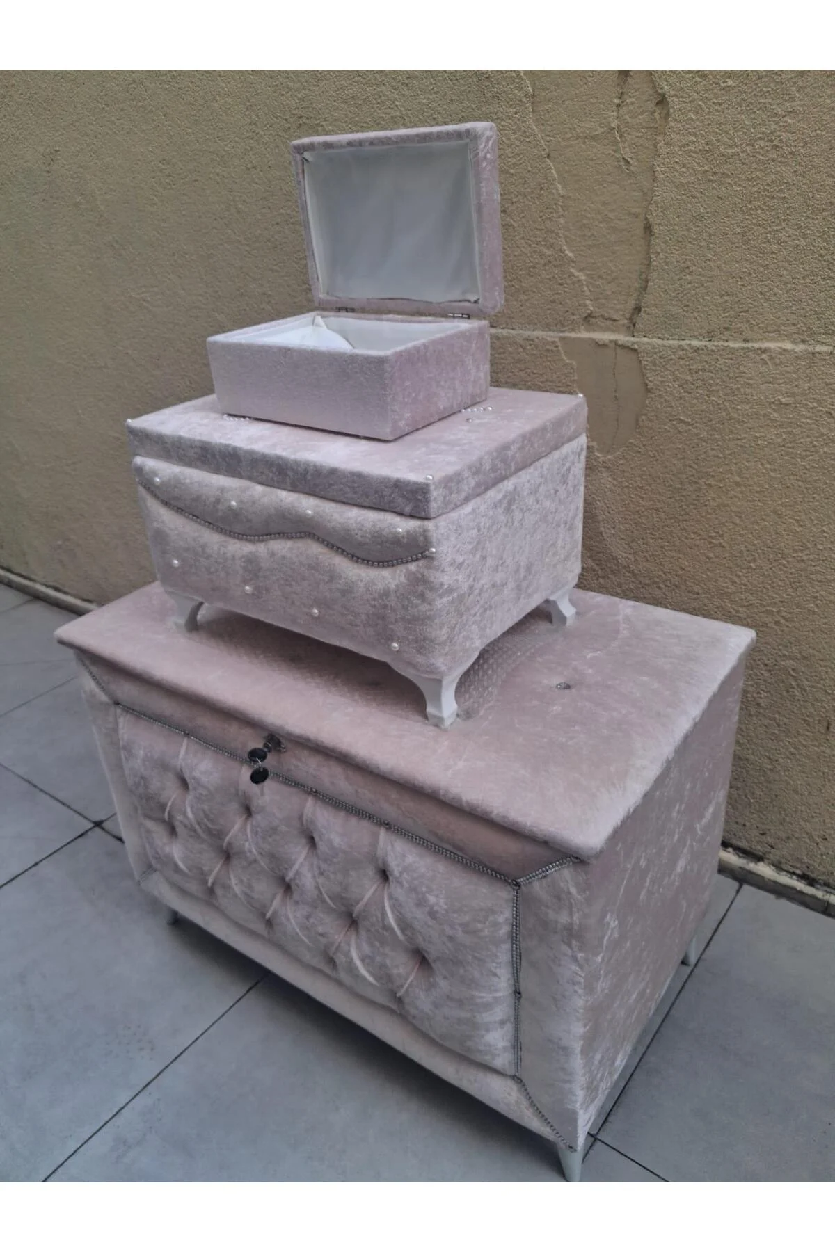 Çeyiz 18149 SANDIK Kapitone Model 3 lü KREM Kadifemsi Kumaş İçi Tela El Yapım - Görsel 5