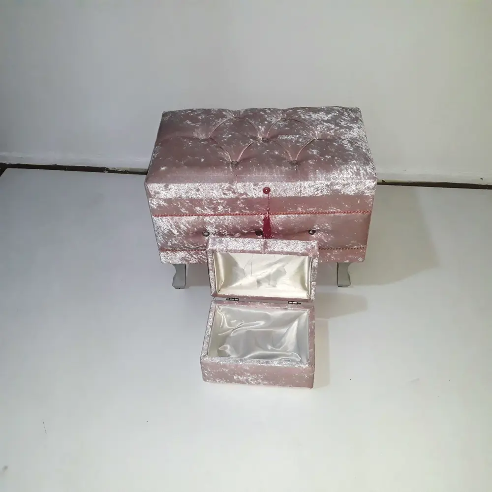 Çeyiz Sandık 12351 Kapitone KÜÇÜK Model 2li PEMBE Kadife Kumaş İç