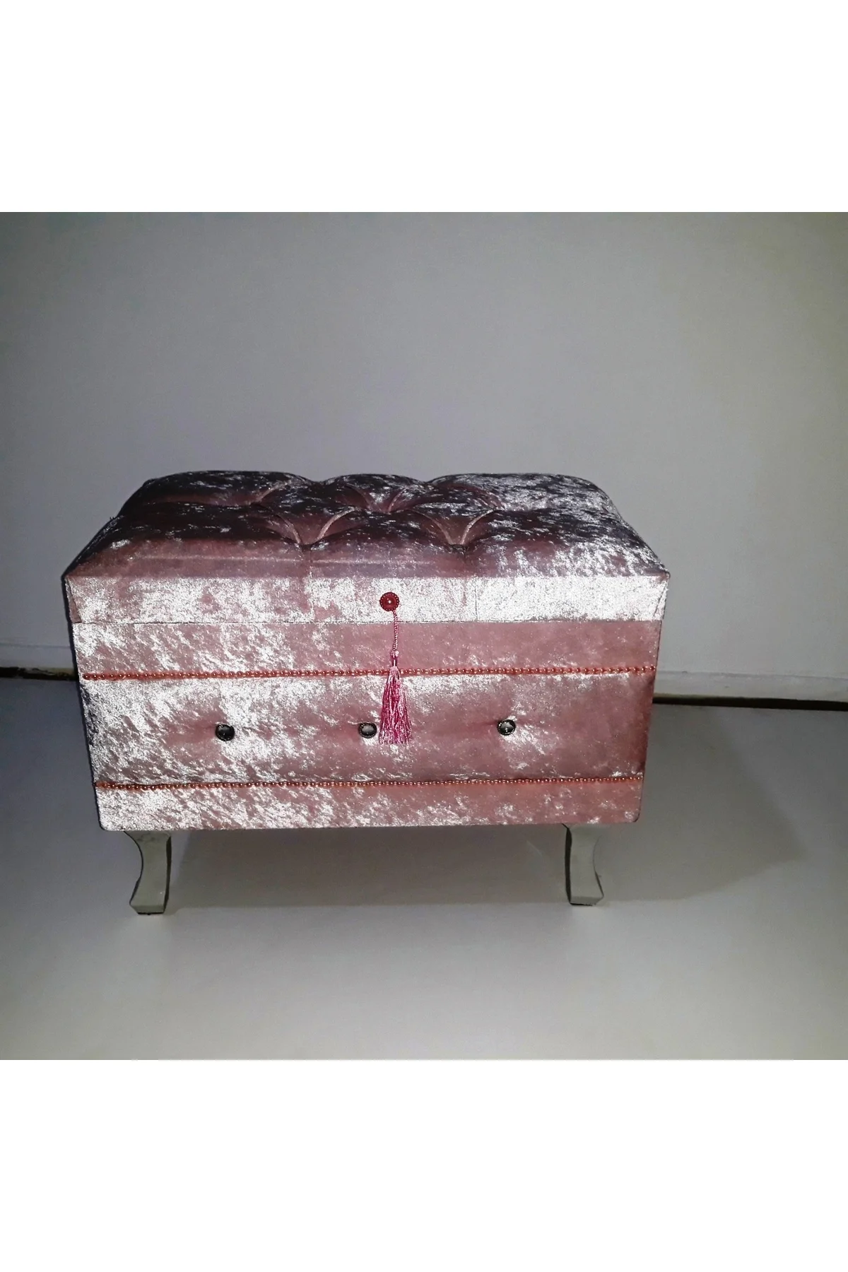 Çeyiz SANDIK 17639 Kapitone Model 3lü PEMBE Kadifemsi Kumaş İçi Tela El Yapım - Görsel 2