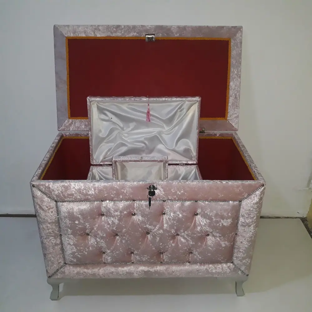 Çeyiz SANDIK 17639 Kapitone Model 3lü PEMBE Kadifemsi Kumaş İçi  